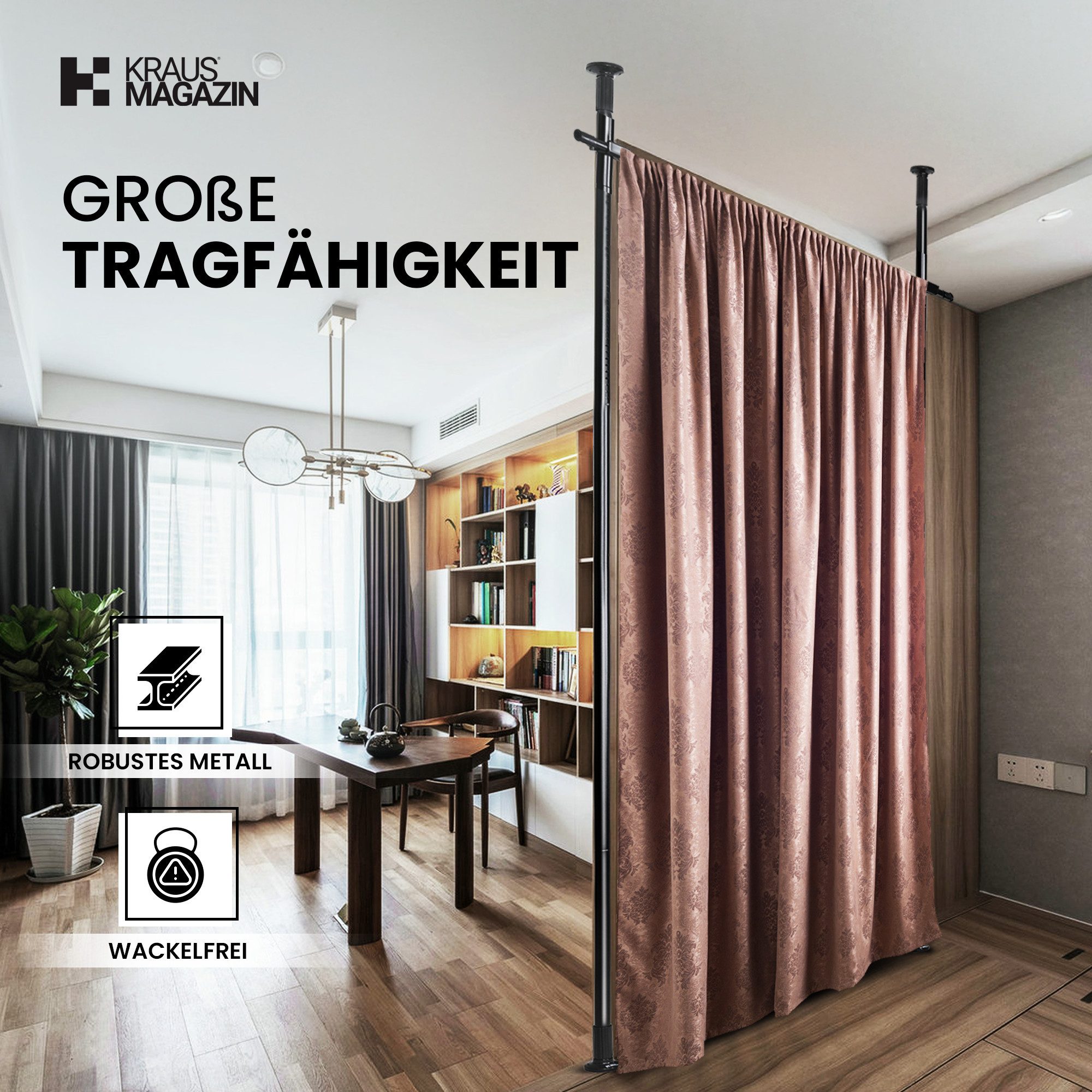 Kraus-Magazin Raumteiler flexibel verstellbares Paraventgestell, Gardinenstange, ohne Bohren, teleskopische Spannstangen, individuell einstellbar – Bild 4 von 5