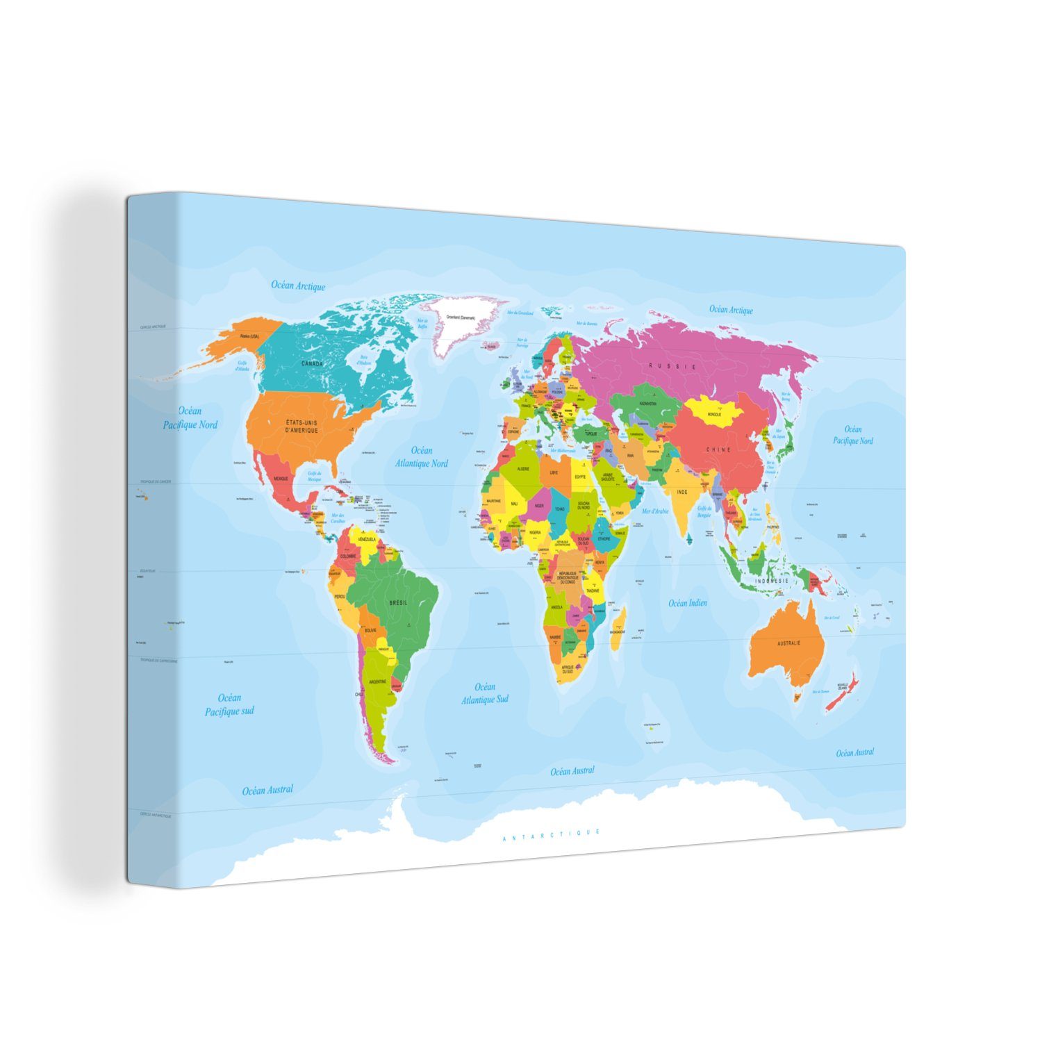 OneMillionCanvasses® Leinwandbild Französische Weltkarte - Farben - Einfach, (1 St), Wandbild Leinwandbilder, Aufhängefertig, Wanddeko, 30x20 cm