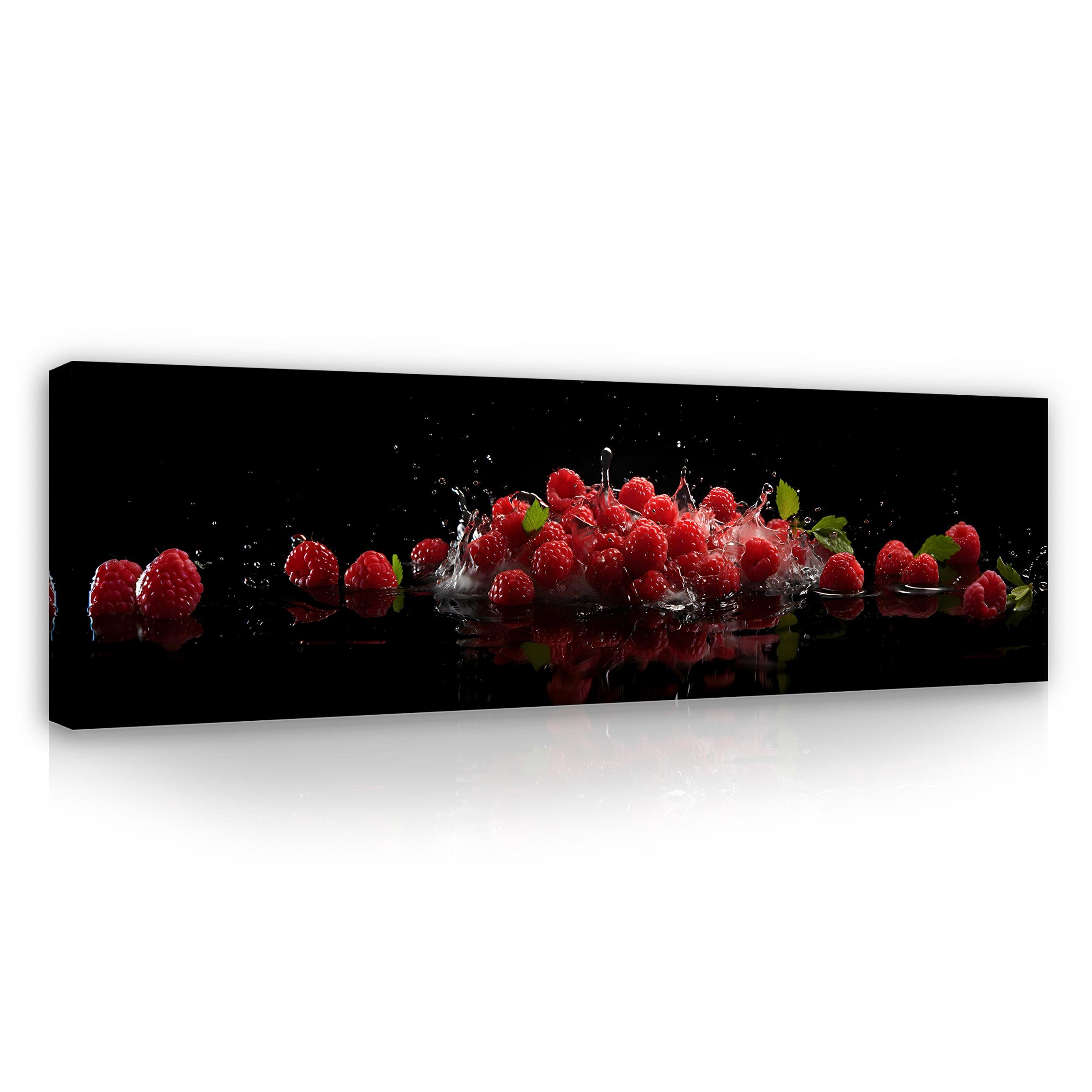 Wallarena Leinwandbild Küche Obst Groß Leinwandbilder (Einteilig, St), Obst Bilder Himbeeren Aufhängefertig Leinwand Modern, Bild Schwarz Wasser Wandbild XXL 1 Leinwandbild