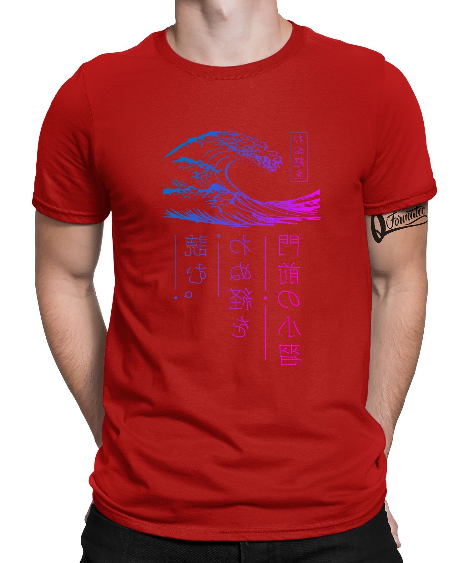Anime Kanagawa Great T-Shirt Quattro Wave Kurzarmshirt off Japan Rot Formatee Ästhetik Herren (1-tlg) -