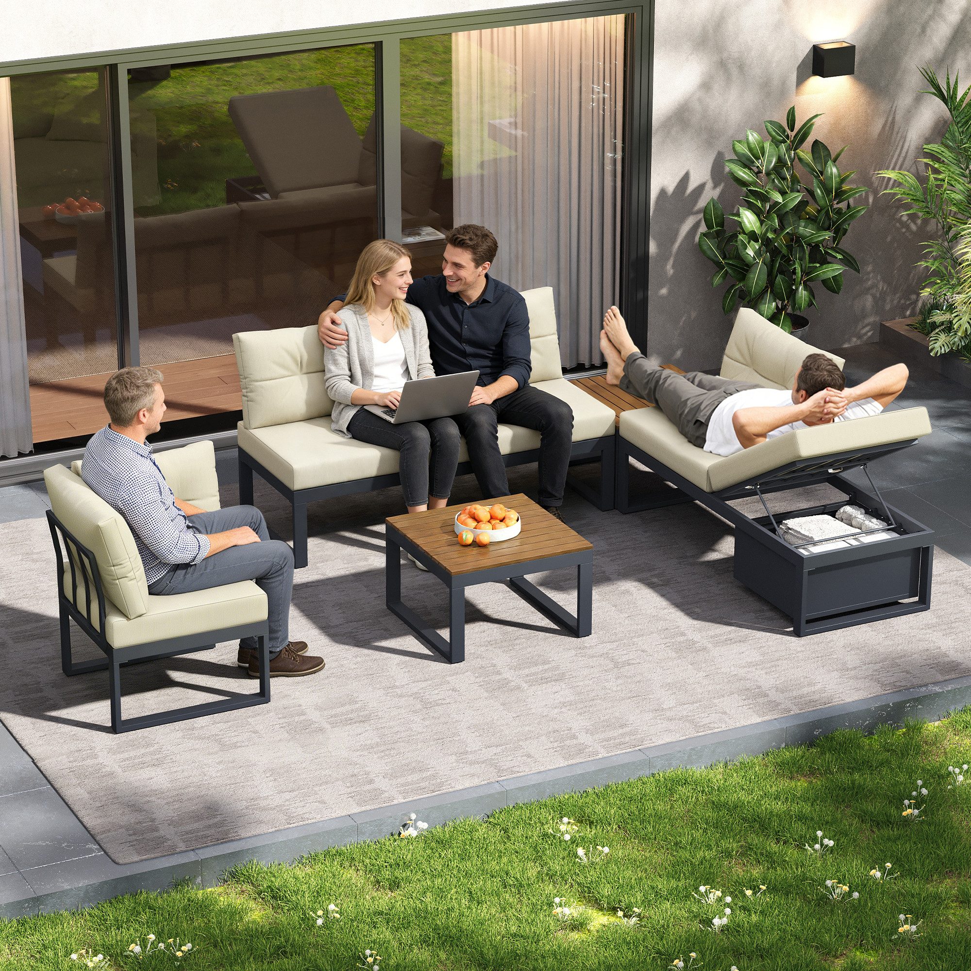i@home Gartenlounge-Set Modulare Gartenmöbel, Ecksofas, (190×190cm mit 2 Esstische, 4-tlg., 3-fach verstellbar (Sitz/Liege), Stauraum, wasserabw. Polyesterkissen), 4-Sitzer Outdoor-Sofa dicke Polster, wetterfest für Terrasse & Balkon