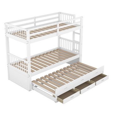 SOFTWEARY Etagenbett mit 3 Schlafgelegenheiten und Lattenrost (90x200 cm), umbaufähig zu 2 Einzelbetten, Kinderbett, Kiefer