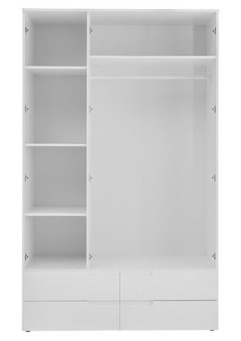 Pol-Power Drehtürenschrank Kleiderschrank SPICE, B 126 cm x H 208 cm, Weiß Hochglanz, 3 Türen, 4 Schubladen, mit Spiegel