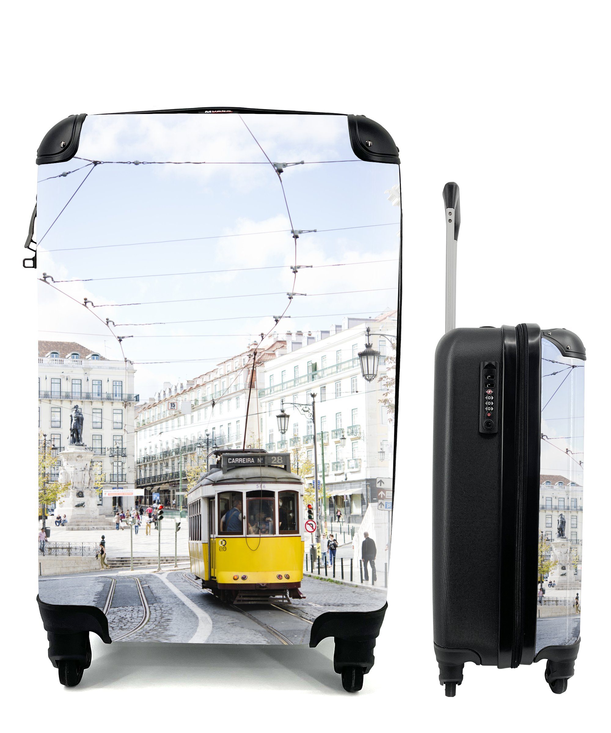 Handgepäckkoffer Seilbahn MuchoWow gelbe Eine 4 Handgepäck für mit Reisekoffer Trolley, rollen, einer Straßenbahn durch mit Rollen, Lissabon, fährt Reisetasche Ferien,