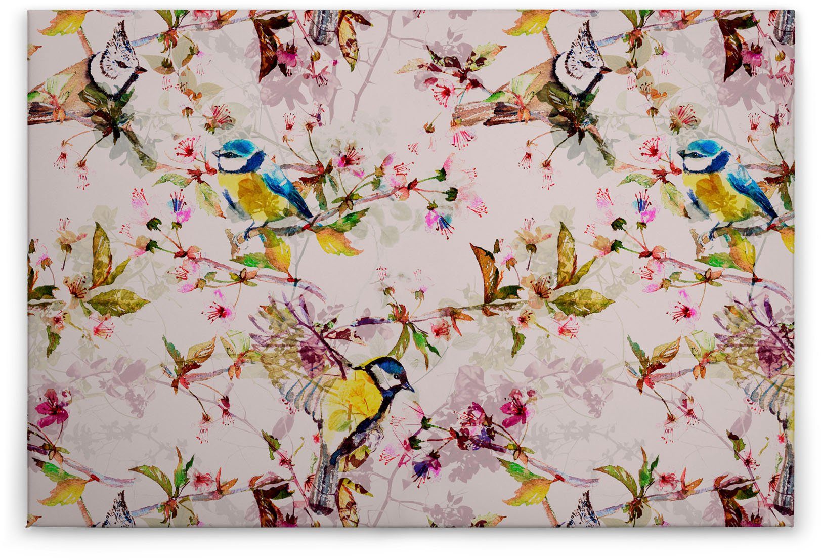 A.S. Création Leinwandbild Keilrahmen grün gelb, St), Floral rosa, Bild (1 songbirds, Vögel