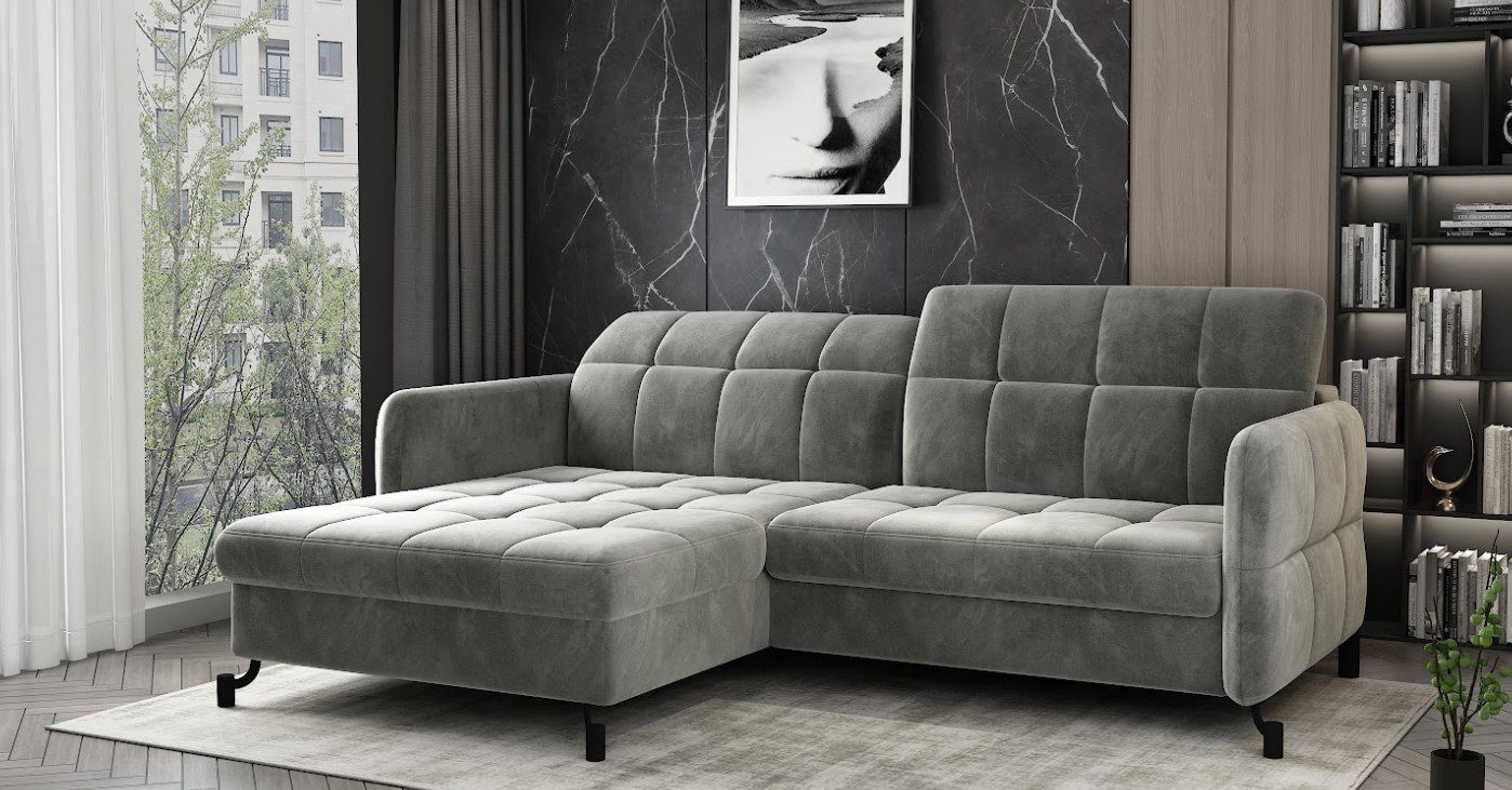 Eltap Ecksofa LORELLE Ausklappbare Couch im Skandinavischen Stil, Schlaffunktion, Bettkasten, verstellbare Kopfstützen Monolith 85