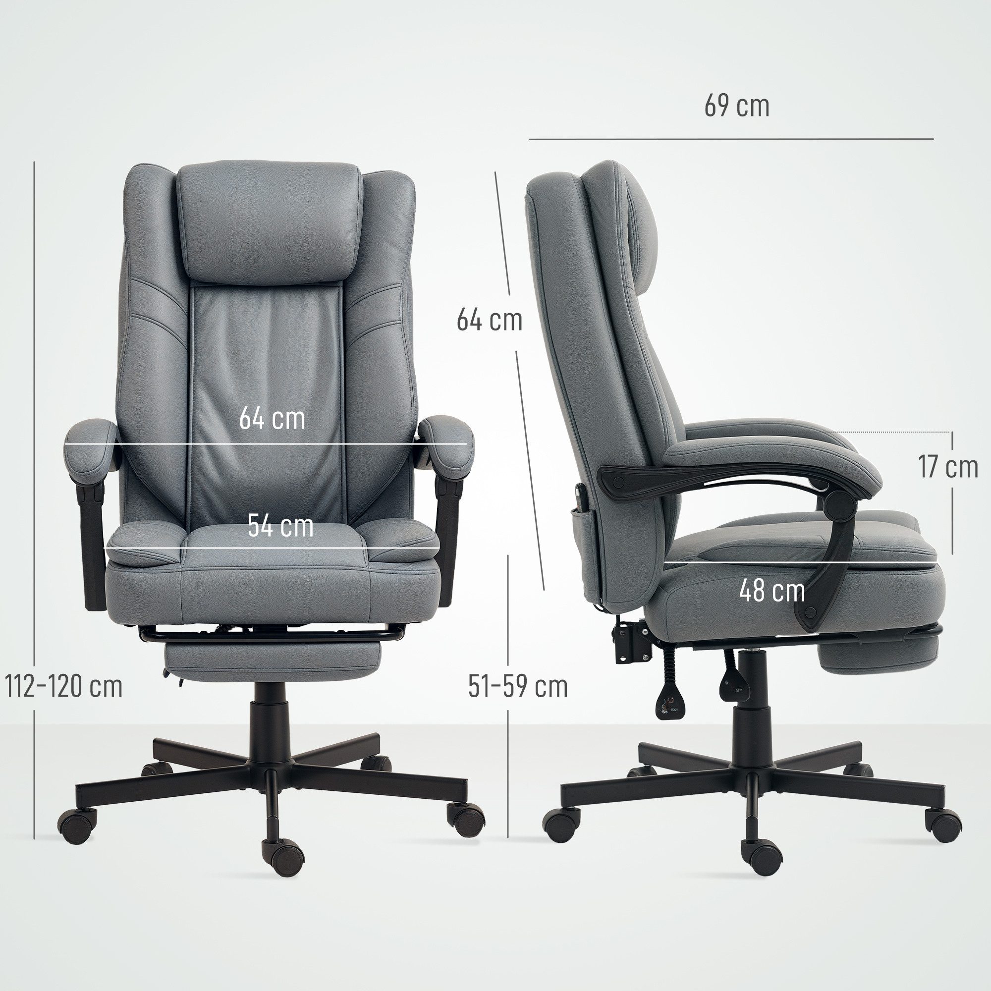 HOMCOM Schreibtischstuhl Bürostuhl mit Massagefunktion, Knetmassagemodi, Drehstuhl (ergonomischer Bürostuhl, 1 St), höhenverstellbarer, mit Fußstütze, Grau