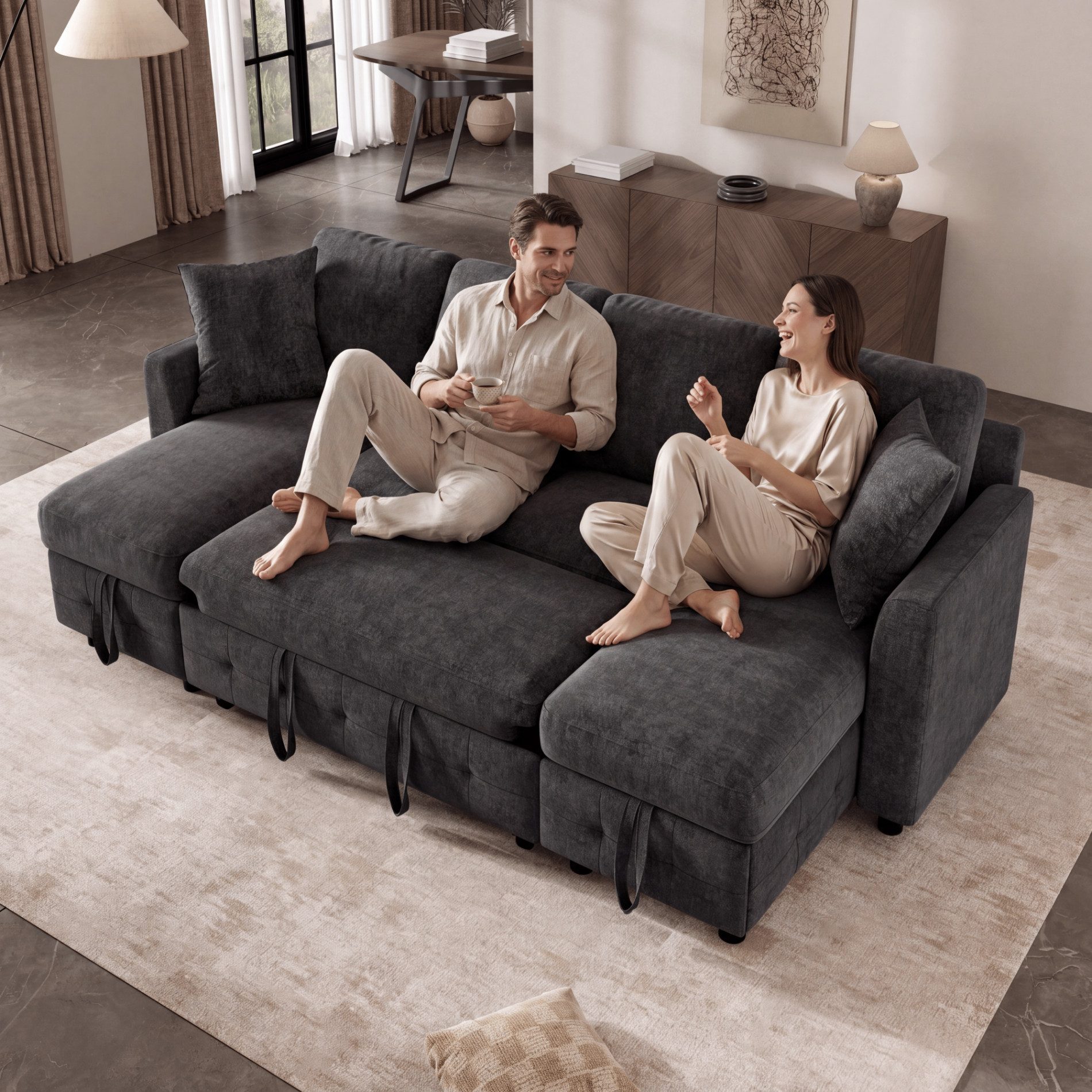 Merax Ecksofa Modernes U-Form Chenille Schlafsofa mit Ausziehfunktion, 1 Teile, 4-Sitzer Soffa mit Stauraum Chaiselongue, USB & Type-C, Bettsofa