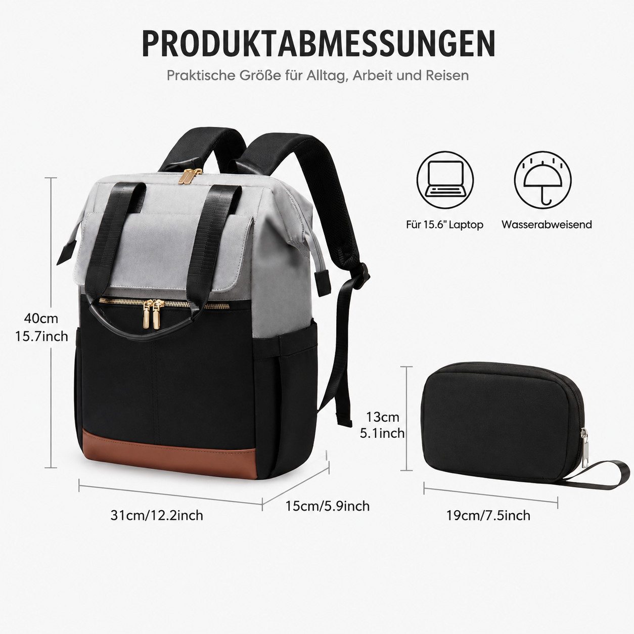 ibettertec Rucksack 2in1 Rucksack Damen Herren mit Laptopfach 15,6 Zoll & Kosmetiktasche (Geräumiger Business Rucksack, mit Organizer, Trolley-Gurt und separate – Bild 5 von 5