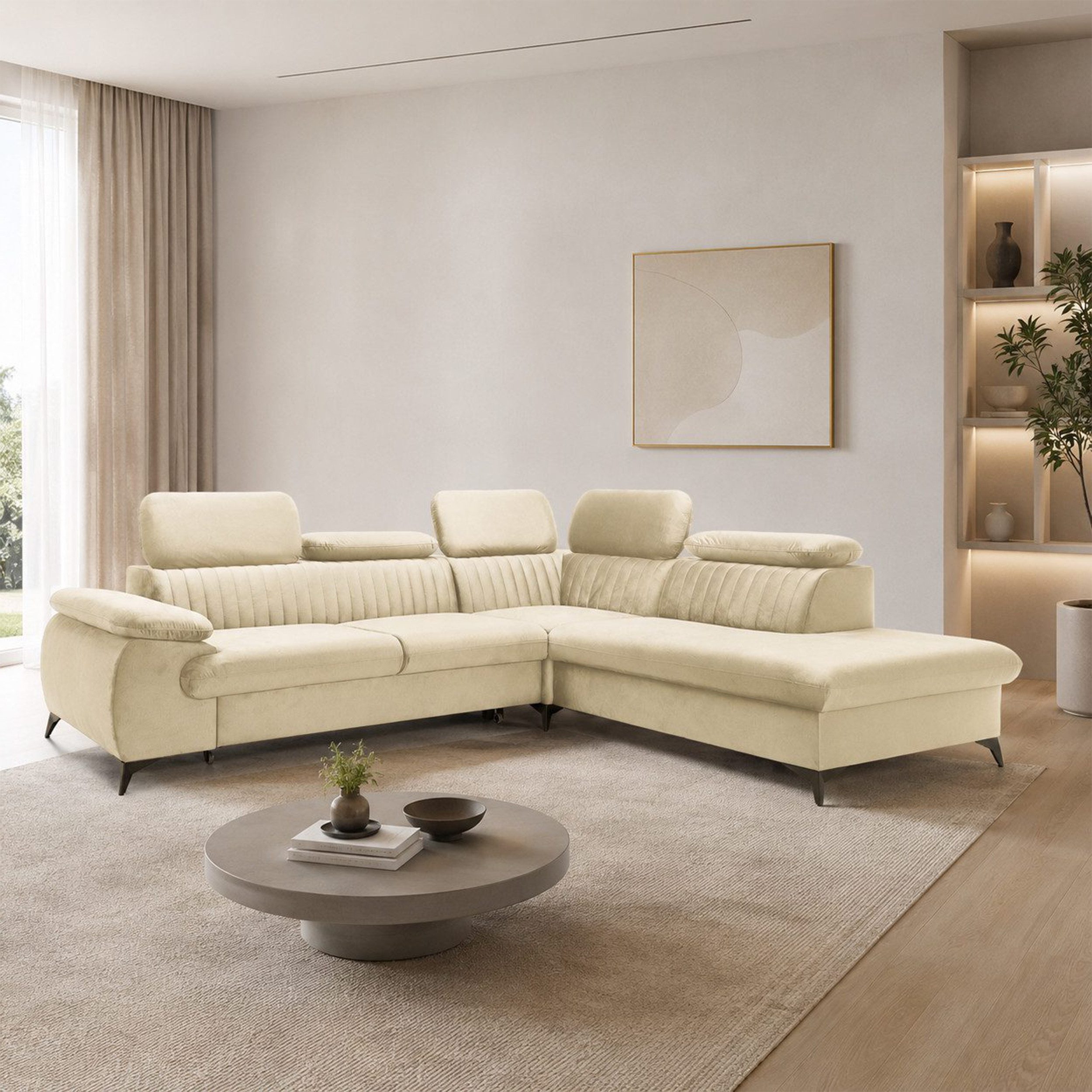 Goldstoff Ecksofa mit Schlaffunktion und Bettkasten, Federkern Schlafsofa