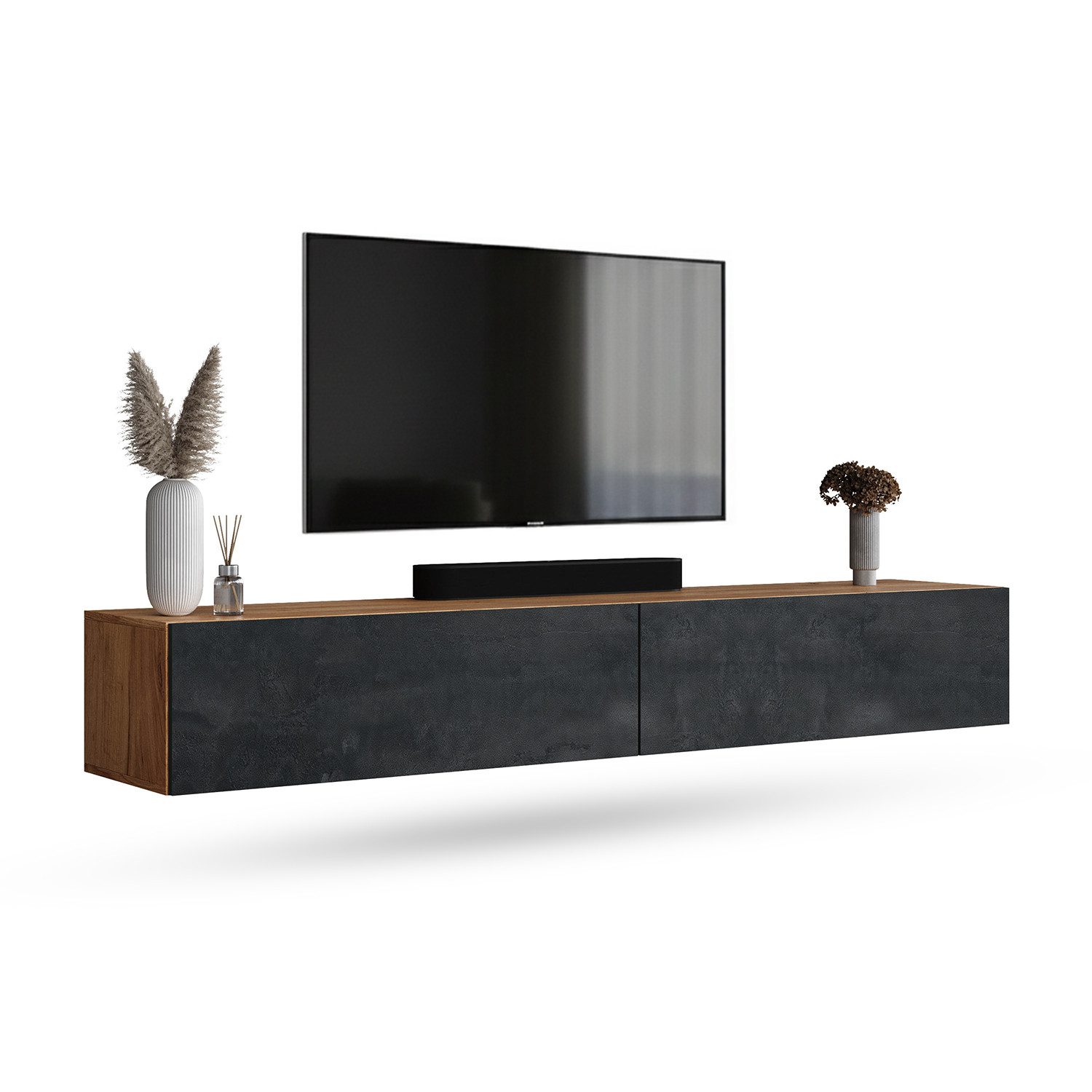 Planetmöbel TV-Schrank West TV-Board, Fernsehtisch 200 cm lang, TV-Lowboard (für Fernseher bis 55 Zoll, TV Schrank viel Stauraum, 2-St., sideboard hängend, Fernsehschrank 2x 100 x 30 x 37,5 cm) gold eiche - schwarz charcoal