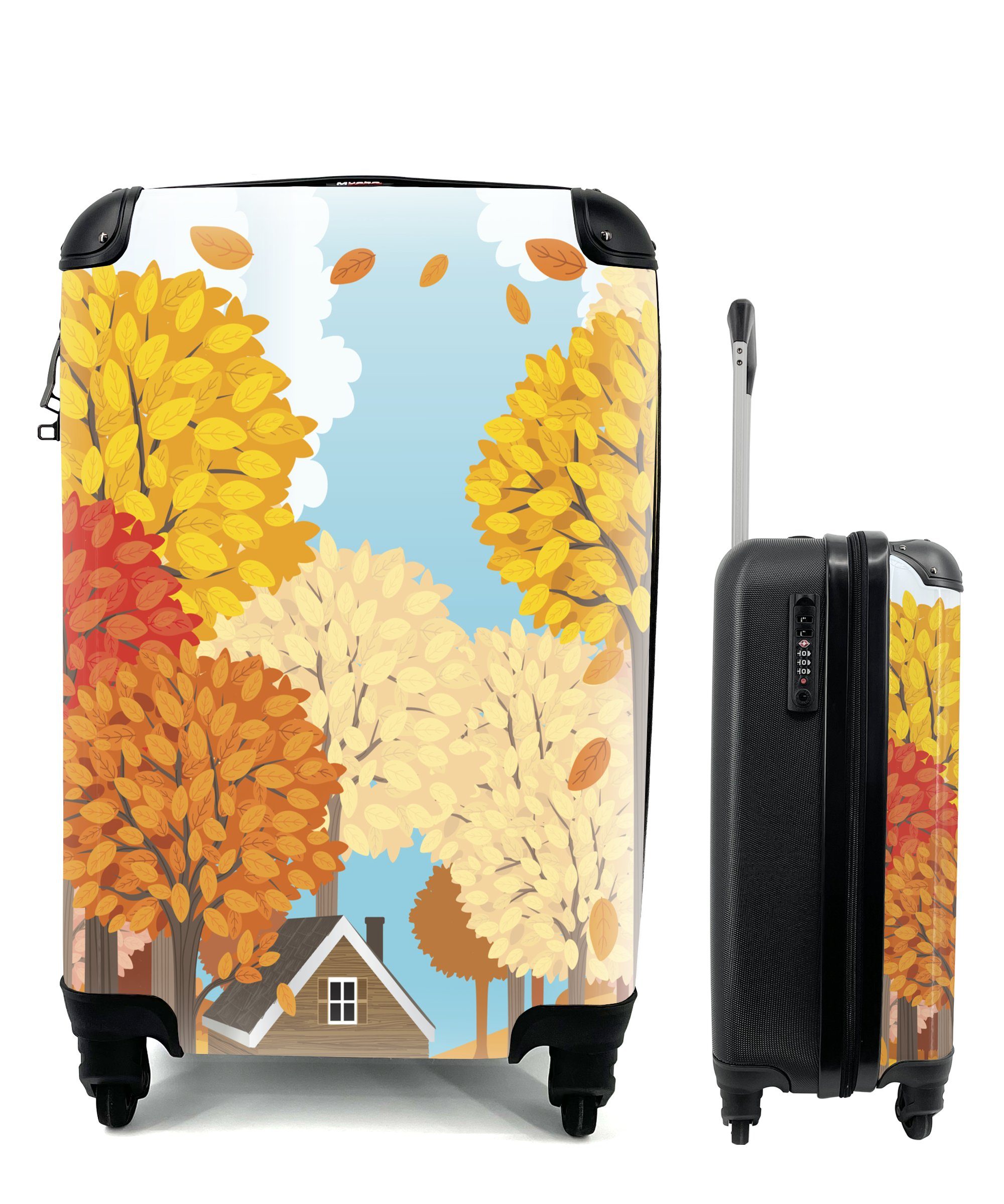 MuchoWow Handgepäckkoffer Eine Illustration 4 Reisekoffer Handgepäck rollen, für Reisetasche im Wald, Ferien, Trolley, einer Rollen, Jagdhütte mit