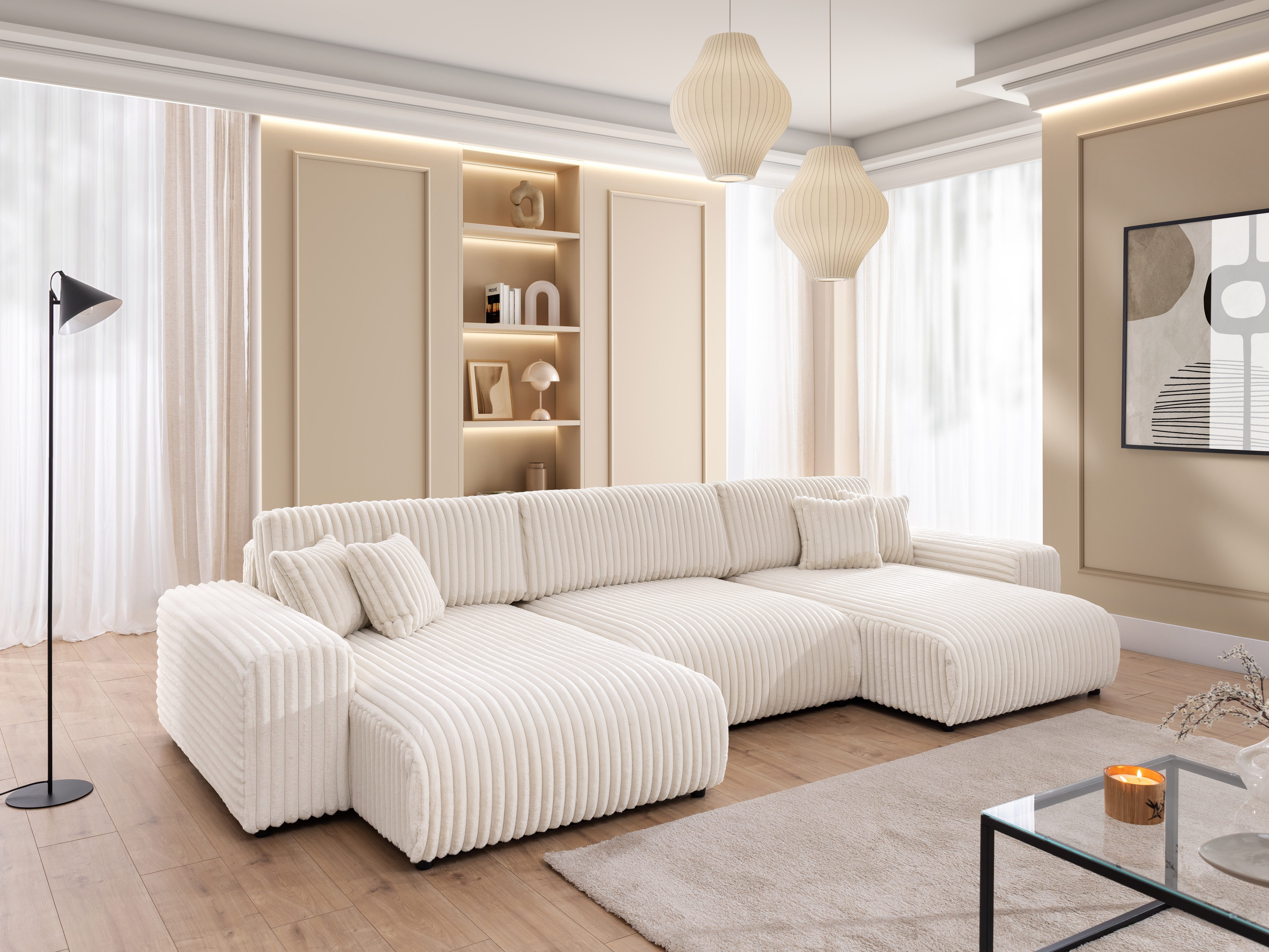 S-Style Möbel Wohnlandschaft Mollis mit Schlaffunktion und Bettkasten aus Plüschcord – Bild 3 von 5
