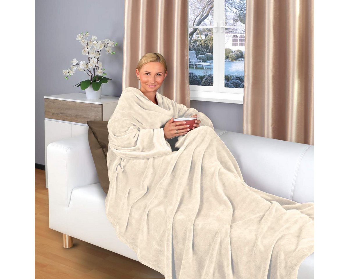 Wohndecke flauschige, tragbare Kuscheldecke mit Ärmeln und Fußtasche 180x150 cm, Gräfenstayn, warme Ärmeldecke - TV Decke zum Anziehen - 180x150cm creme