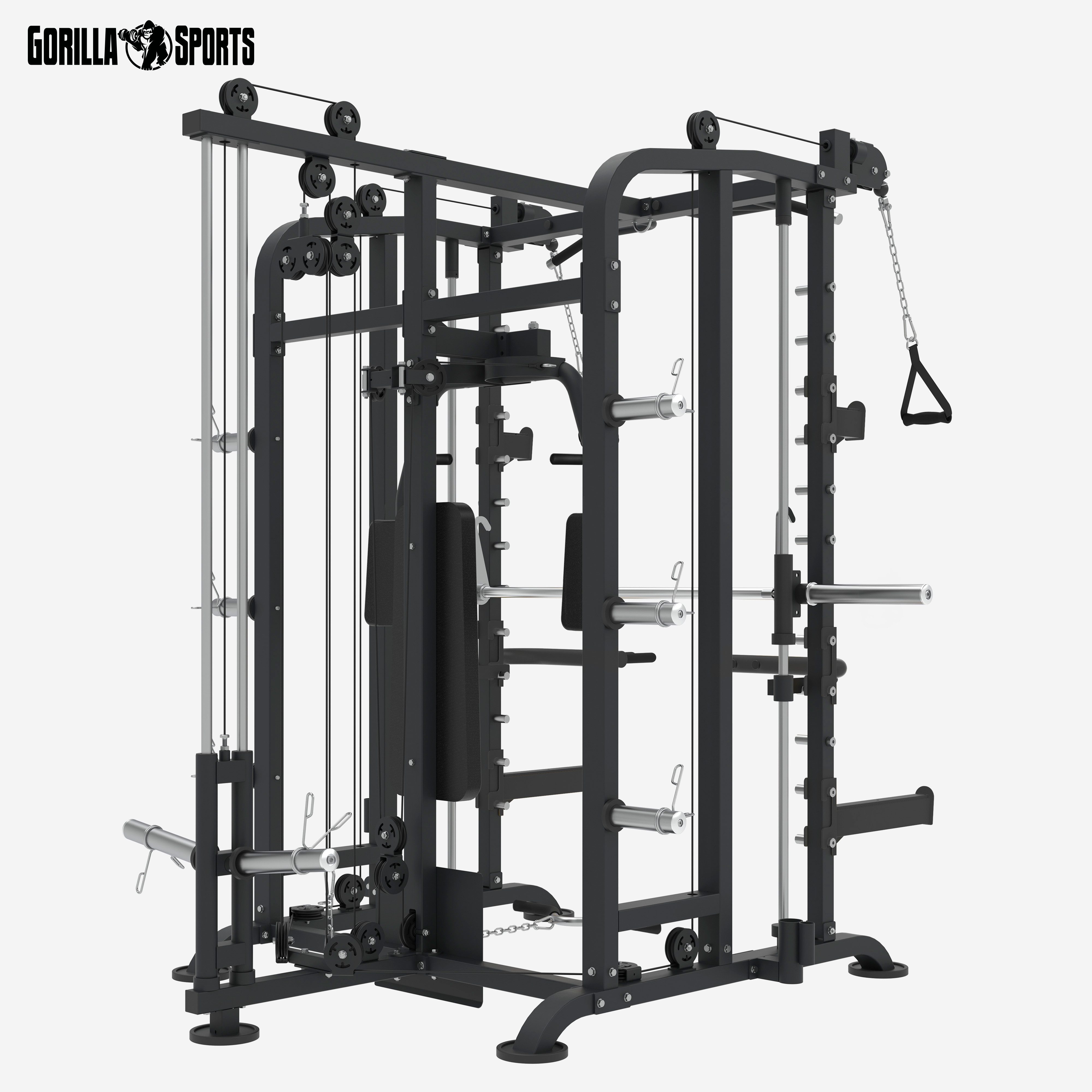 GORILLA SPORTS Kraftstation Multifunktionale, Power Rack, 50mm Stange, Latzug mit Kabelzuggriffen, (1-tlg., Langhantel, Butterfly, Klimmzug, Dip Griffe, T-Bar Row, Bizeps Trizeps), Max Gewicht bis 300 kg - Fitnessstation, Smith Machine, Multi-Gym