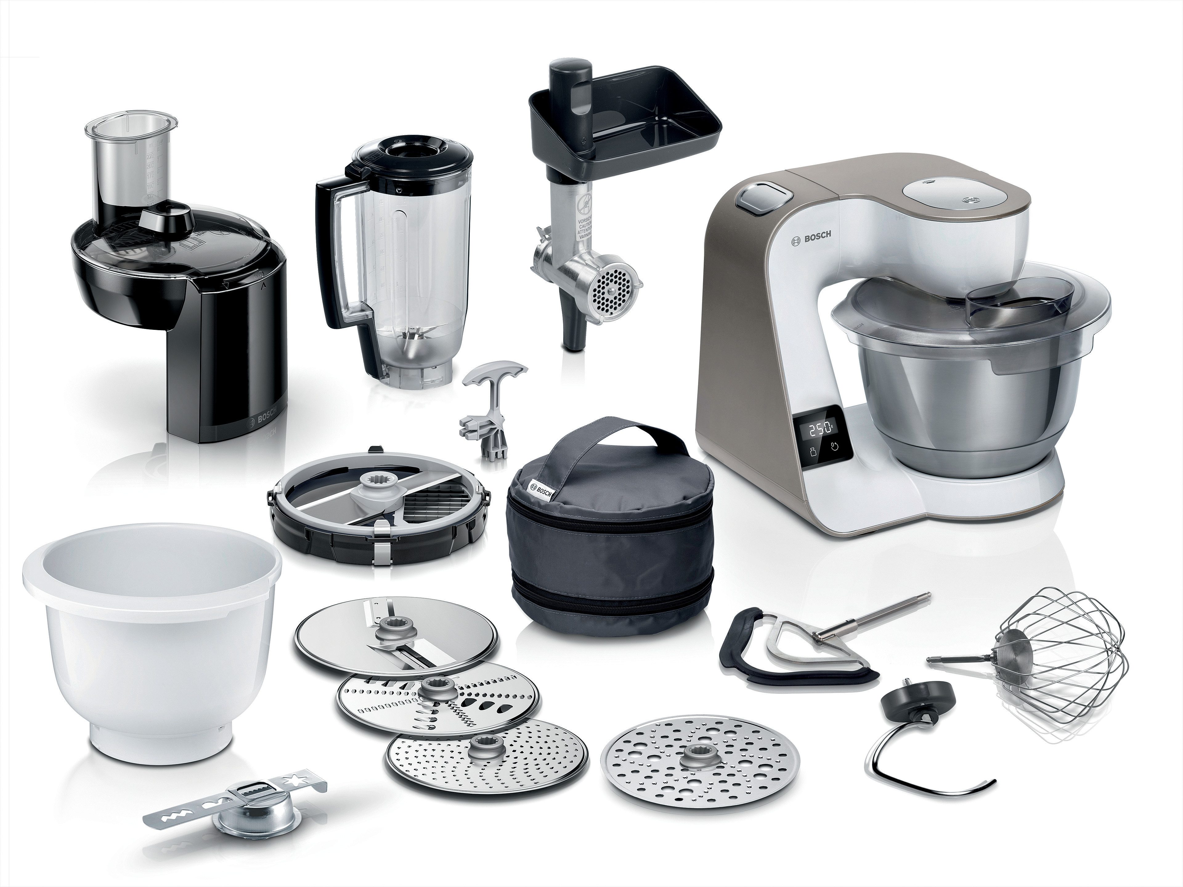 BOSCH Küchenmaschine Serie 4 MUM5XL74, integrierte Waage, Edelstahlschüssel, Mixer, Weiß, 1000 W, 9,4 l Schüssel, 7 Stufen, Fleischwolf, Würfelschneider, zusätz. Kunststoffschüssel
