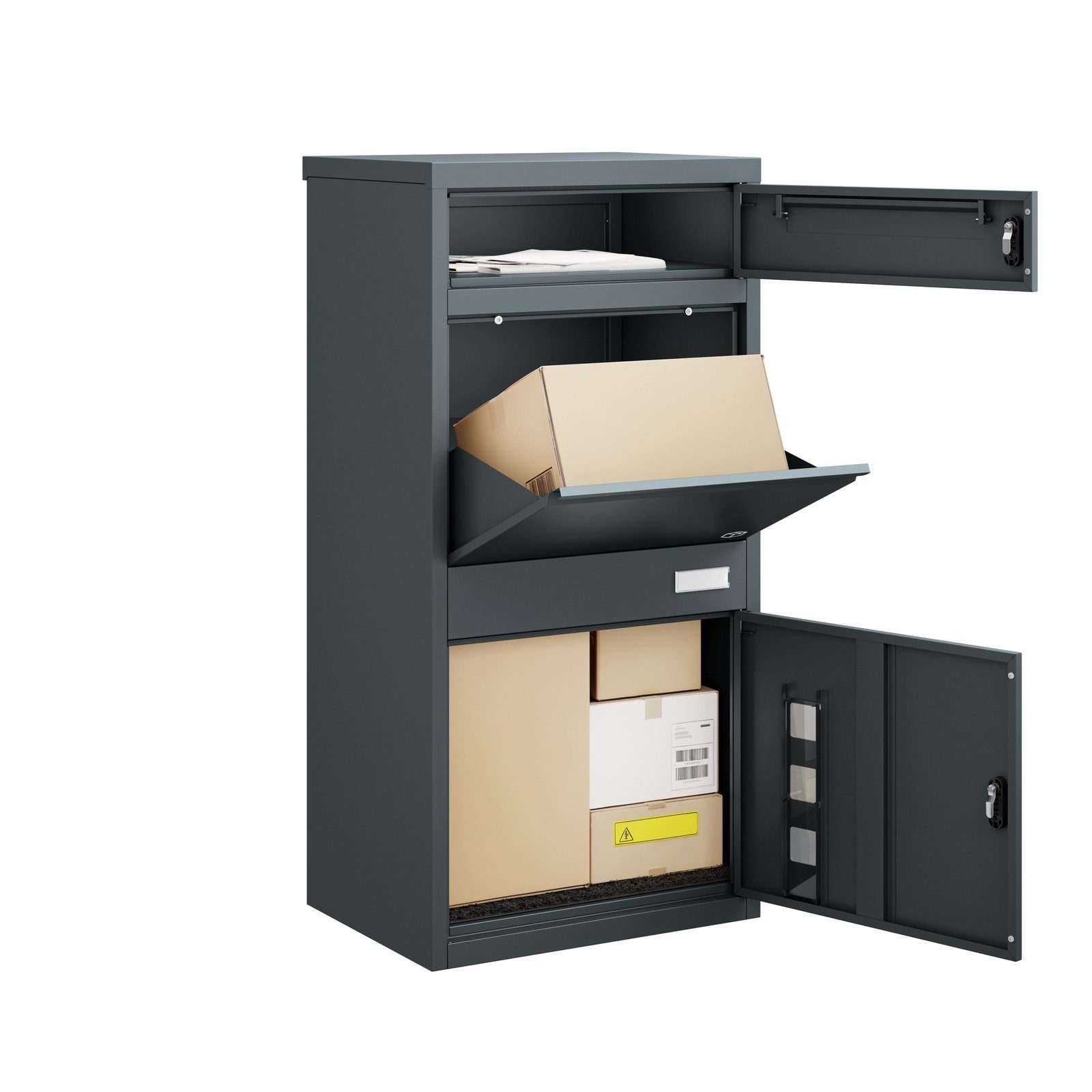 SoBuy Paketbriefkasten OGS67, Paketbox mit 3 Fächern und Zahlenschloss wetterfest Dunkelgrau (1er Set), Freistehende Paketstation anthrazit …