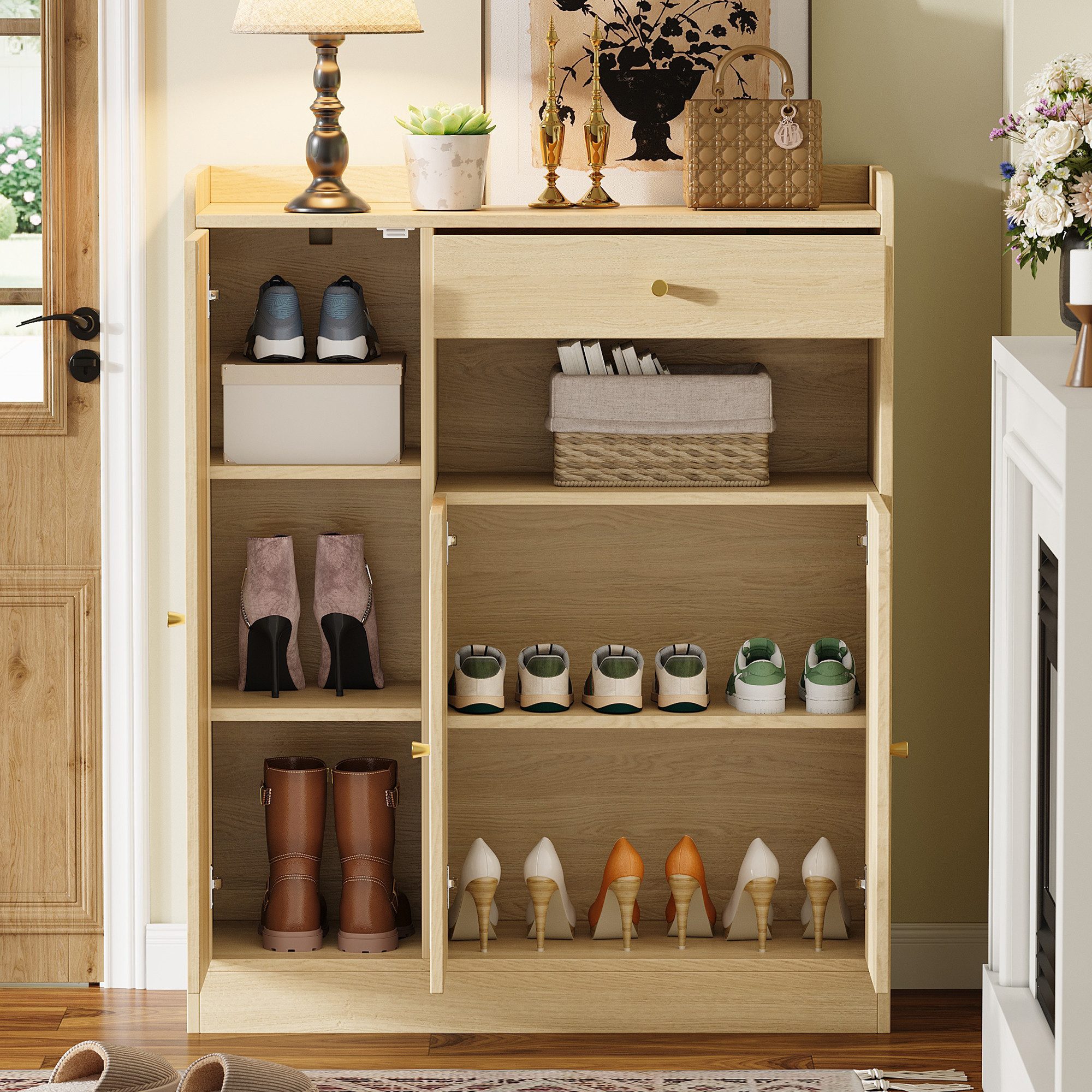 Flieks Schuhschrank Rattan Schuhkommode mit verstellbaren Einlegeböden (B90/T35/H110 cm, 1-St., Schrank für Wohnzimmer, Esszimmer, Flur, Schlafzimmer) Mehrzweckschrank Schuhregal mit 1 Schubladen und 3 Türen Natur
