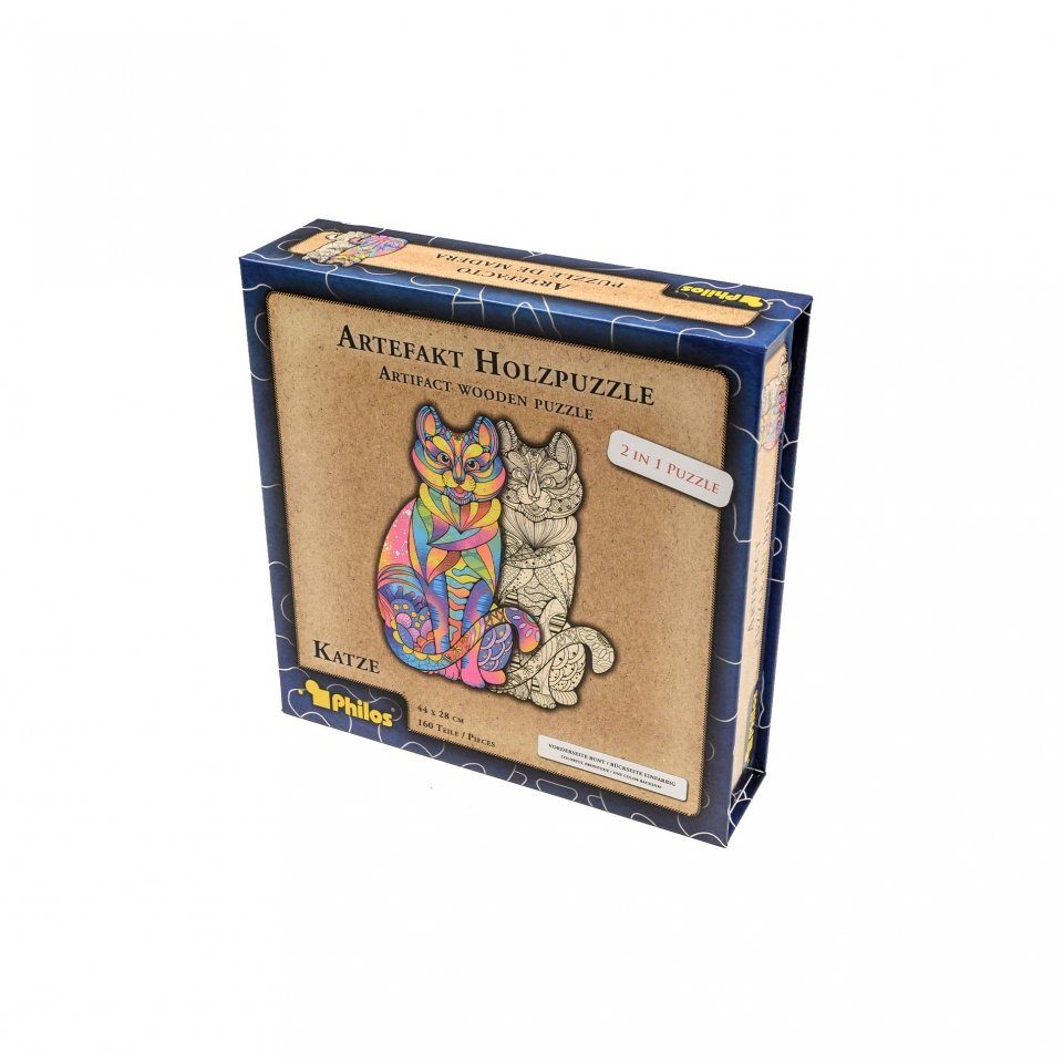 Philos Spiel, Artefakt Holzpuzzle 2 in 1 Katze - 160 Teile - in magnetischer Klappschachtel