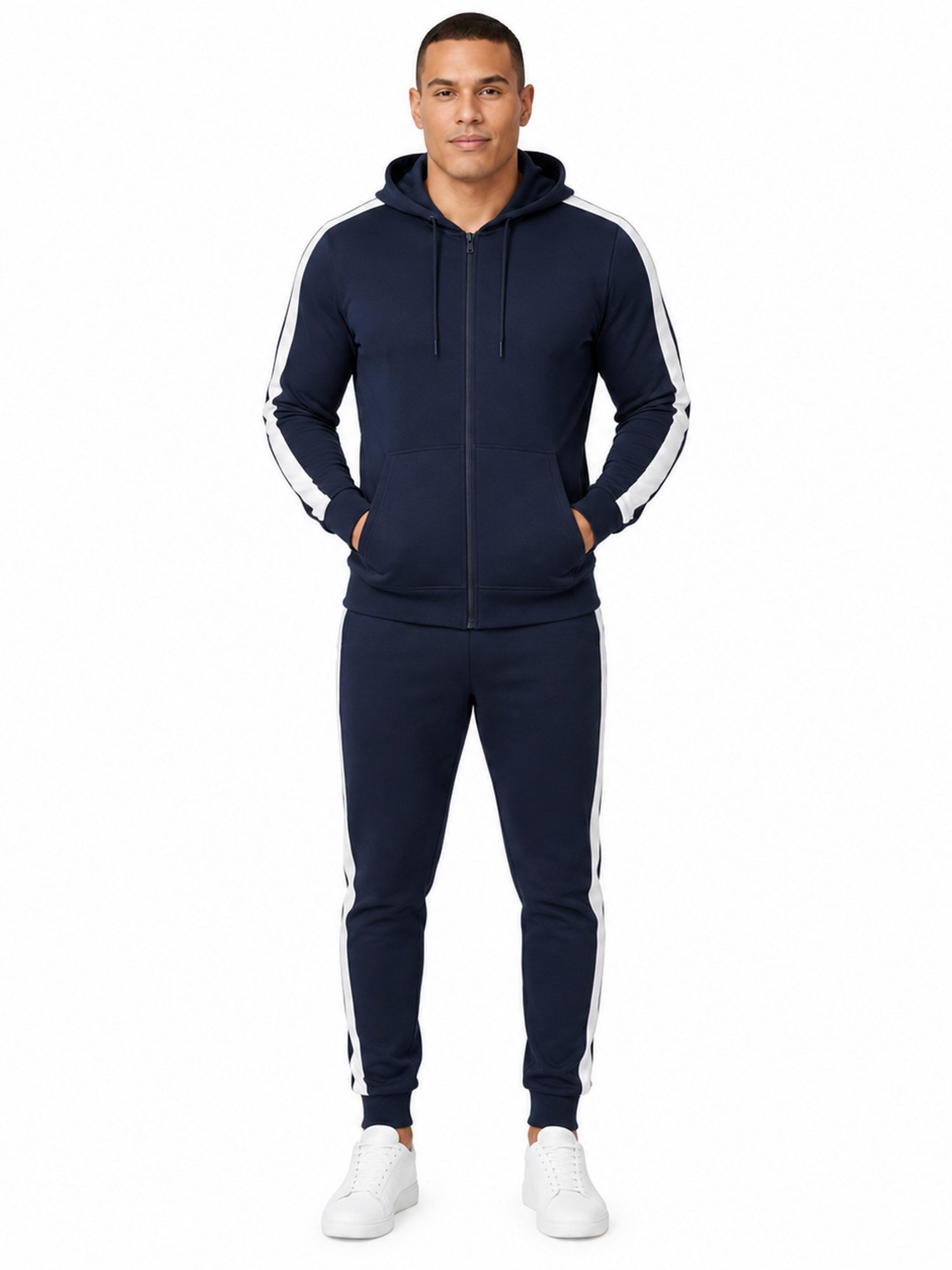 L.gonline Freizeitanzug Herren Jogginganzug zweifarbig sportlich mit Streifen, 526 (Kapuzenjacke mit Reißverschluss, Hose, 2-tlg), Fitness Freizeit Casual