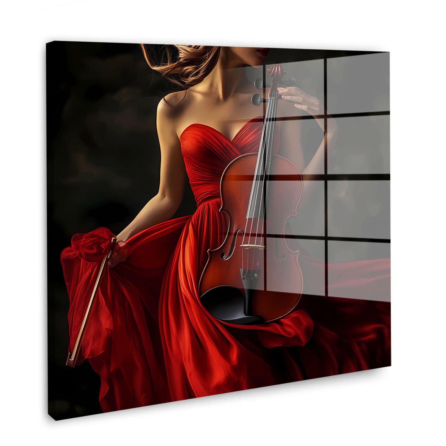 Artedinoi Acrylglasbild Geige Frau Rotes Kleid Acrylglasbild Wandbild Violine Bogen Musik XXL, Frau im roten Abendkleid mit Geige und Bogen