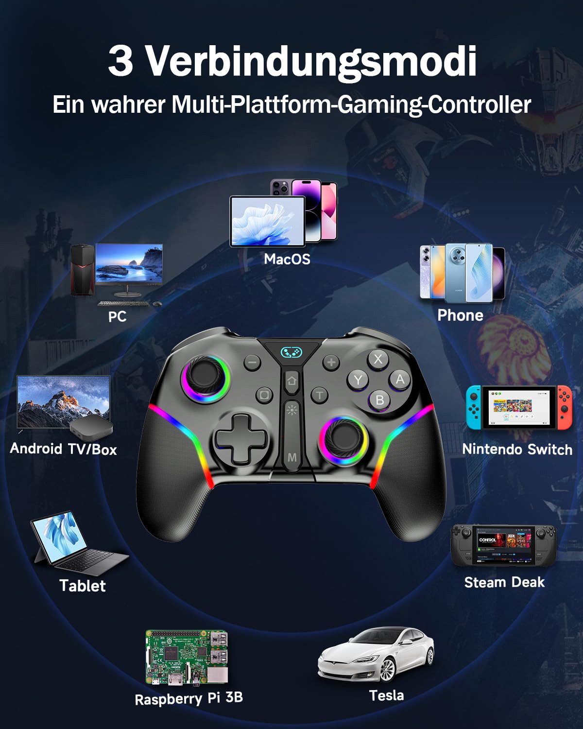 Tekoo Gaming Controller Wireless für Nintendo Switch & PC mit Hall-Effekt Controller (Packung, Anti-Drift-Technologie, RGB-Beleuchtung, Turbo-Funktion)