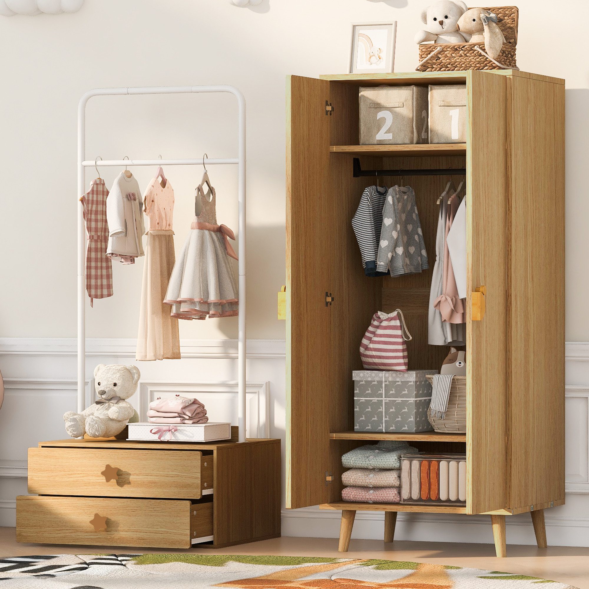 HAUSS SPOLE Kleiderschrank mit Doppeltür-Design,Garderobenschrank mit Cartoon-Griffe,Holzfarbe