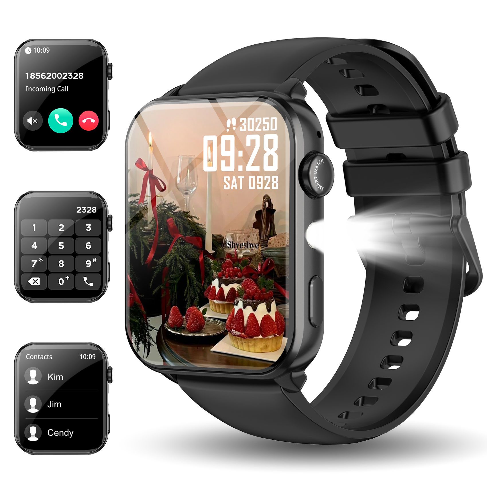 IOWODO Smartwatch Damen Herren 1,91" HD Touch, mit LED Lampe& Bluetooth Anruf Smartwatch, mit Wechselband aus weichem Silikon und Ladekabel, 5 Tage Akku,350 mAh,SpO₂/HR/Schlaf,App-Fitnesskurse,Schrittzähler,IP68