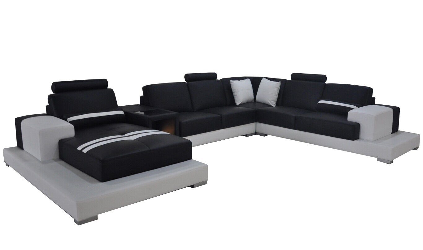 JVmoebel Ecksofa Ledersofa Couch Wohnlandschaft Eck Garnitur Modern Sofa U-Form USB Schwarz/Weiß
