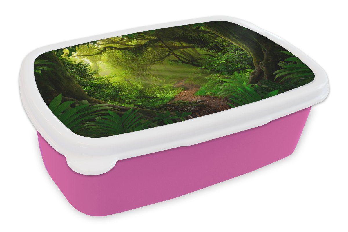 MuchoWow Lunchbox Dschungel - Pflanzen - Asien - Jungen - Mädchen - Kind, Kunststoff, (2-tlg), Brotbox für Erwachsene, Brotdose Kinder, Snackbox, Mädchen, Kunststoff rosa