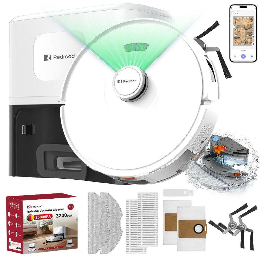 redroad Saugroboter LiDAR-SLAM/RGB/Sensoren Saugroboter mit Wischfunktion 25000 Pa 2026, 36 W, mit Beutel, KI-LiDAR-SLAM/Anti-Tangle/Multi-Dock/12×3200mAh,58.000mAh