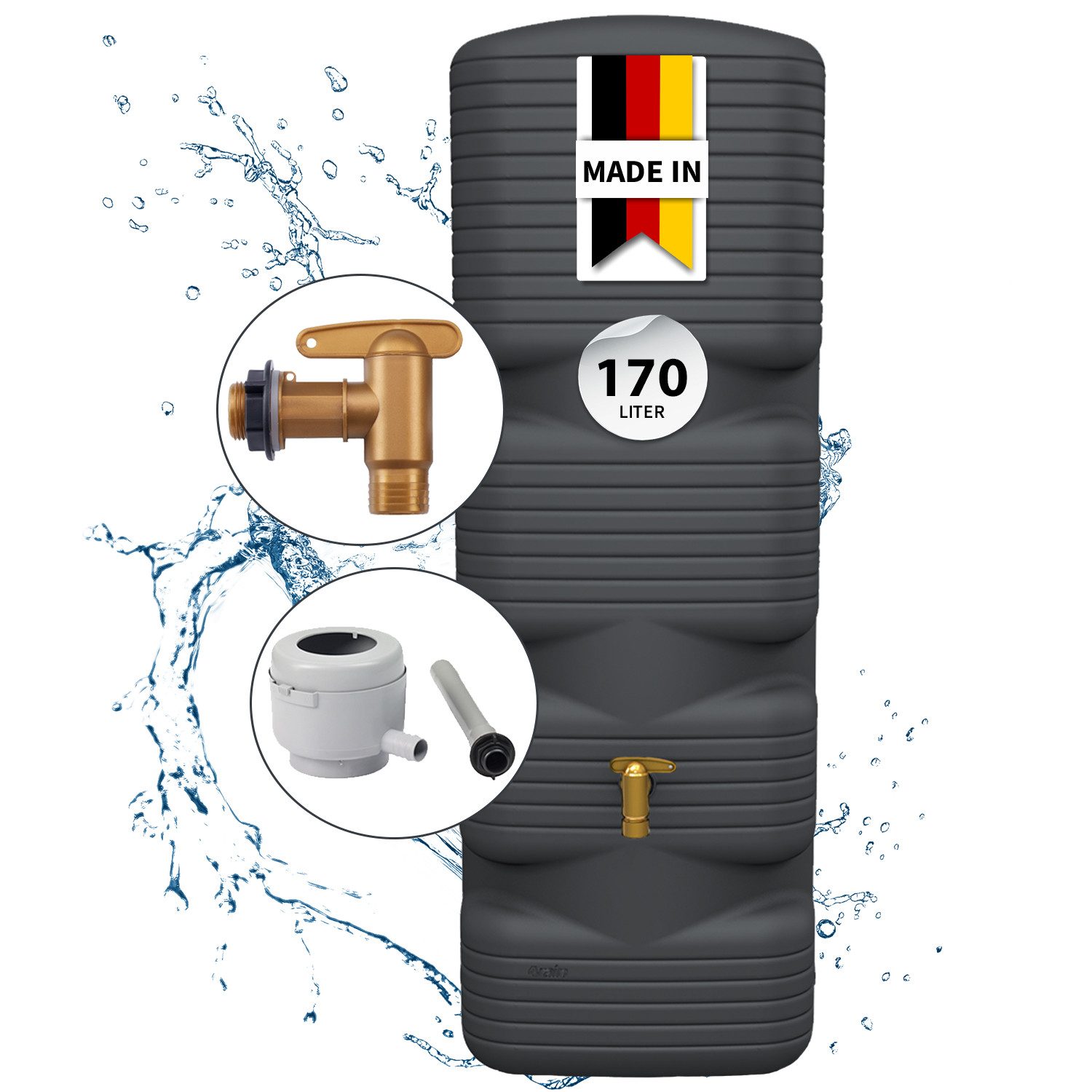 4rain Regentonne QUADRO Wandtank Komplett-Set 170 L graphite grey, 170 l