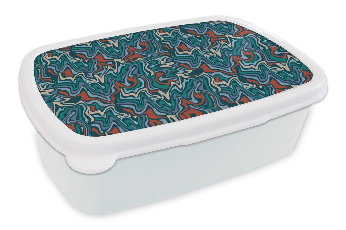 MuchoWow Lunchbox Wellen - Retro - Blau - Muster, Kunststoff, (2-tlg), Brotdose Schule oder Arbeit, Brotbox für Kinder und Erwachsene