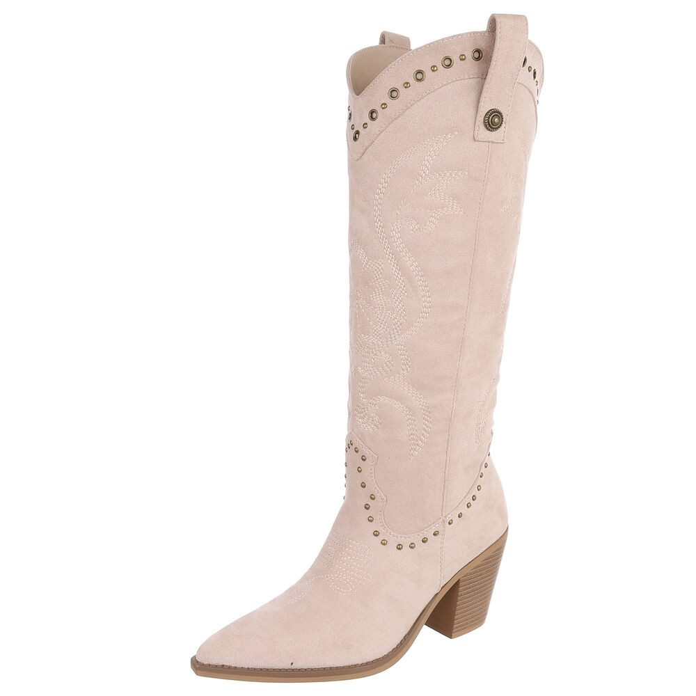 Ital-Design Damen Westernstiefel kniehoch mit Blockabsatz Westernstiefel (92078789) Blockabsatz Stiefel in Beige