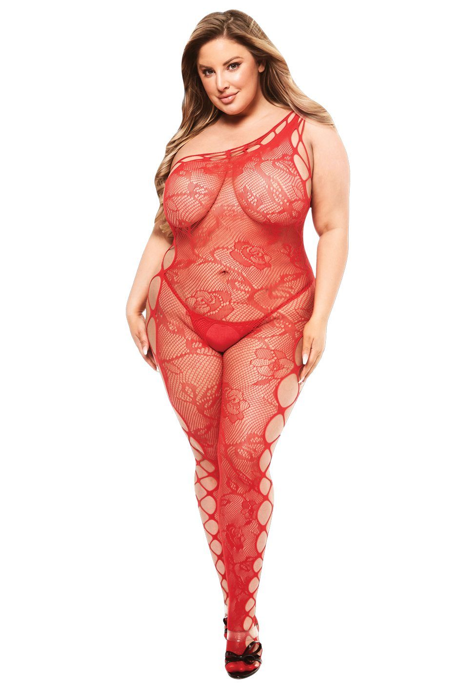 Baci Lingerie Bodystocking Plus Size Netz-Bodystocking mit Rosen-Muster - rot