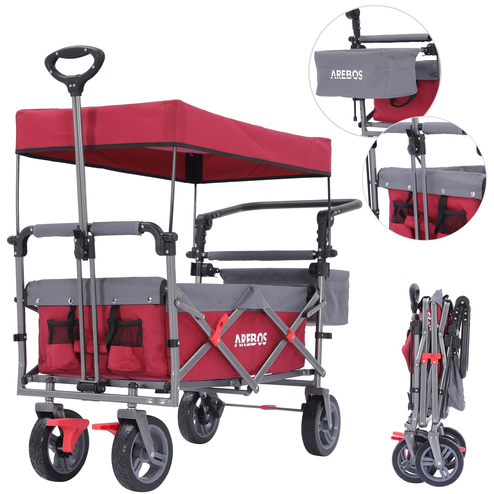 Arebos Bollerwagen Handwagen, Premium faltbar mit Dach, bis 100 kg Tragkraft, Vorder- und Hinter-Bremse, Inkl.Tragetasche