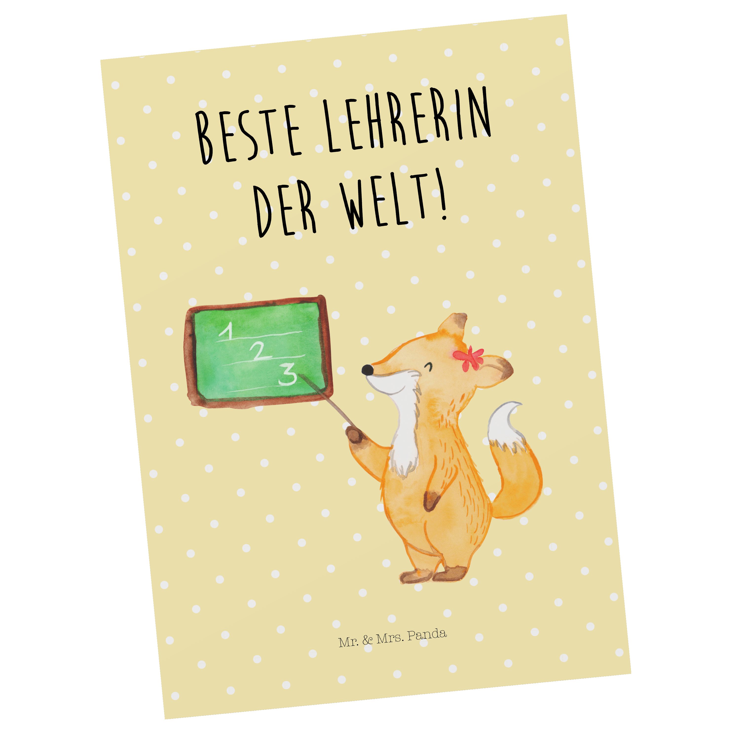 Mr. & Mrs. Panda Geschenk, - Dankeskarte, Karte, Postkarte Lehrerin - Tiere Pastell Gelb Fuchs