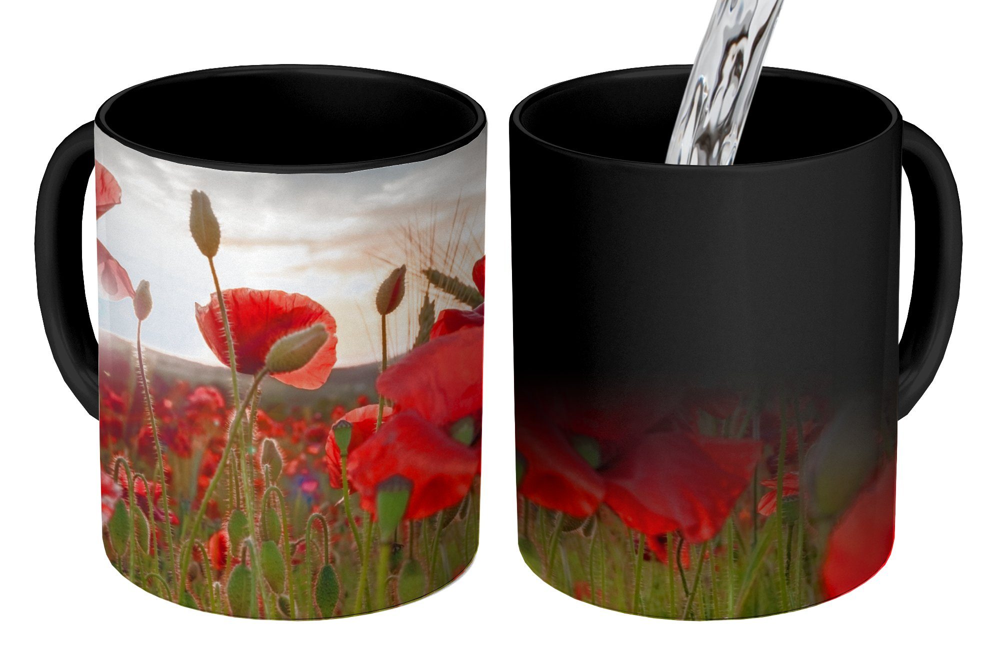 MuchoWow Tasse Kaffeetassen, Geschenk Sonnenuntergang Teetasse, Mohnblumen, Farbwechsel, hinter den Zaubertasse, schönen Keramik