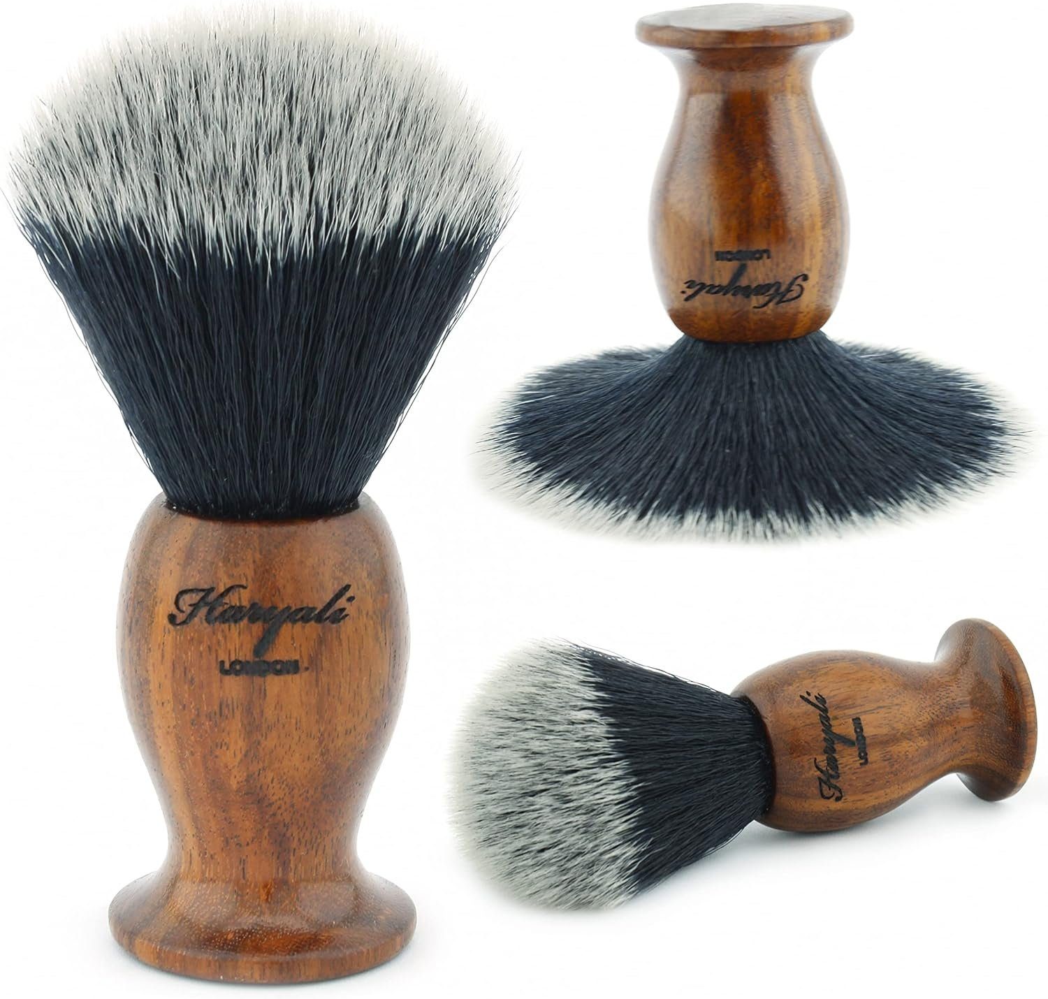 Haryali London Rasierpinsel Premium Rasierpinsel mit Holzgriff, Rasierpinsel aus Kunsthaar, set, 1 tlg., alle Hauttypen, Schwarze Synthetikbürste im Barbershop-Design, Metallgriff