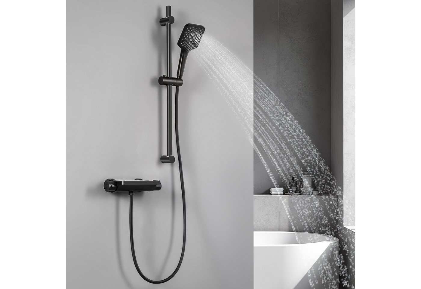 Thumbnail - Lonheo Max Duschsystem Schwarz/Chrom Mit Aufbewahrungsfunktion, Höhe 69.4 cm, 3 Strahlart(en), Handbrause mit Thermostat...
