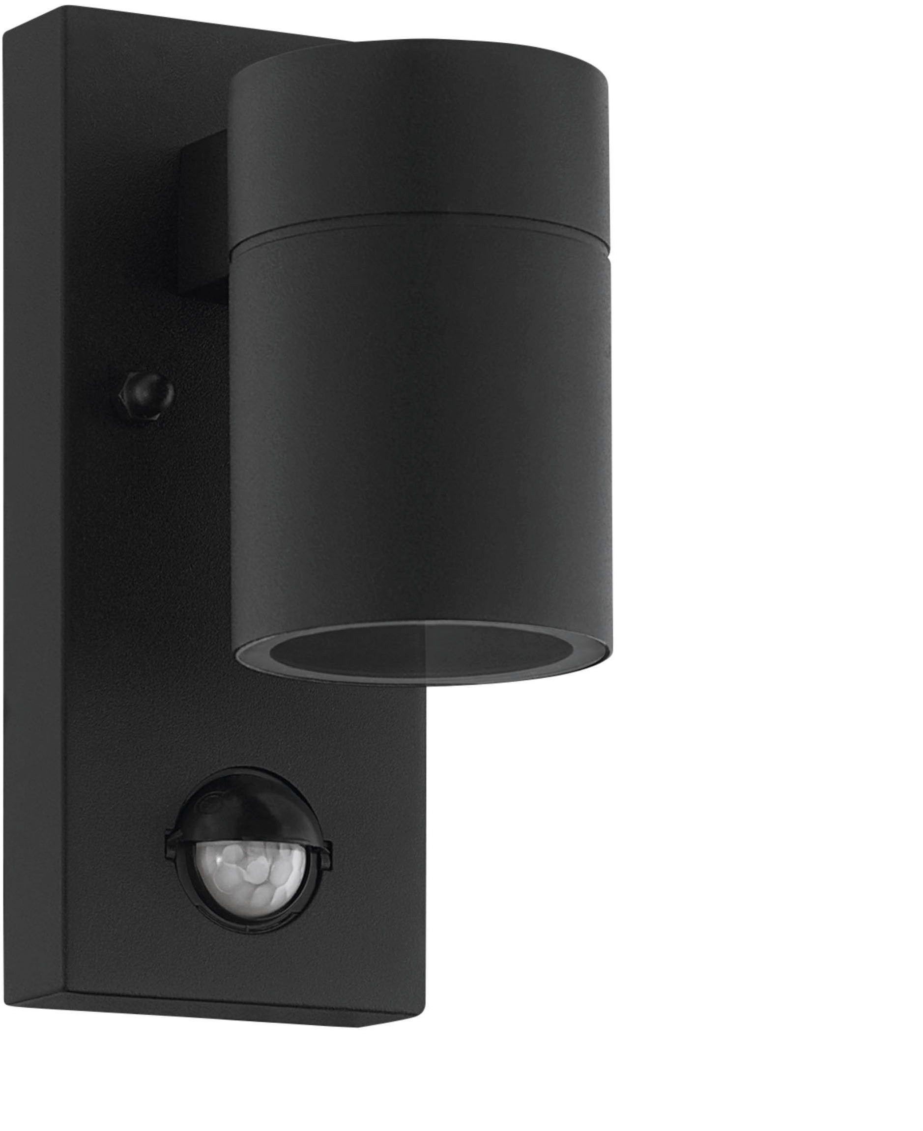 EGLO Wandleuchte Riga 5 Außen-Wandlampe, Außenleuchte aus Stahl, GU10, IP44, Lampe, Bewegungsmelder, LED fest integriert, Wand-/Deckenleuchte - L6,5 x H16,5 x AL11 cm - schwarz - 1X2,8W inkl.