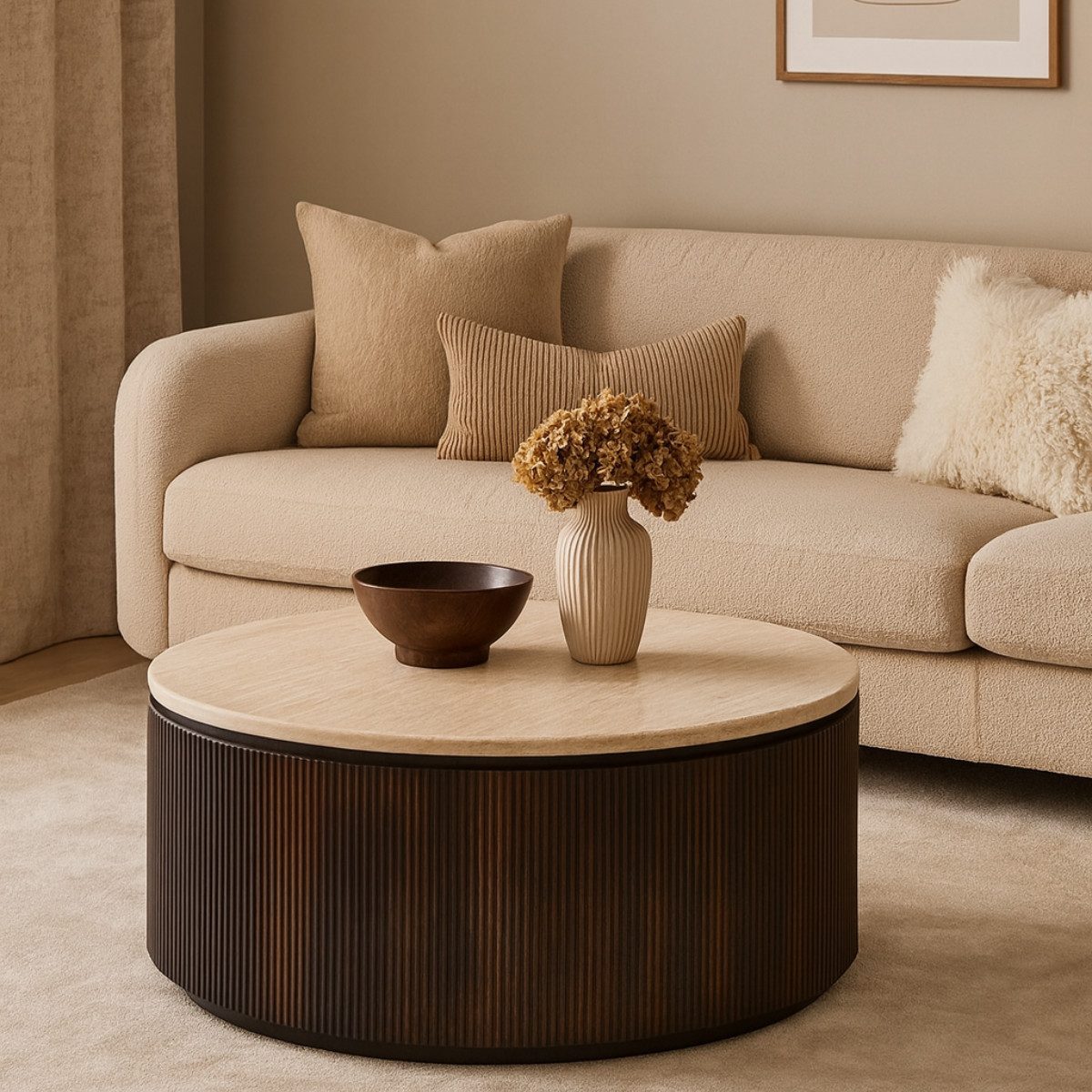 alesvelt Couchtisch Lunado Travertin Tischplatte in edlem Säulenstil 100 cm (1-Stück), Ø100 cm 45cm Höhe