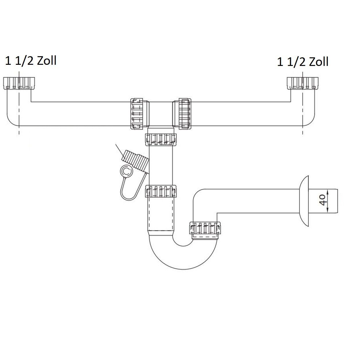Sanixa Siphon Doppelsiphon mit Geräteanschluss weiß 1 1/2 Zoll Anschluss, (Ablauf Spülbecken Waschbecken, Siphon Kunststoff für Spüle Waschbecken Raumsparsiphon Ablaufgarnitur), 40 mm