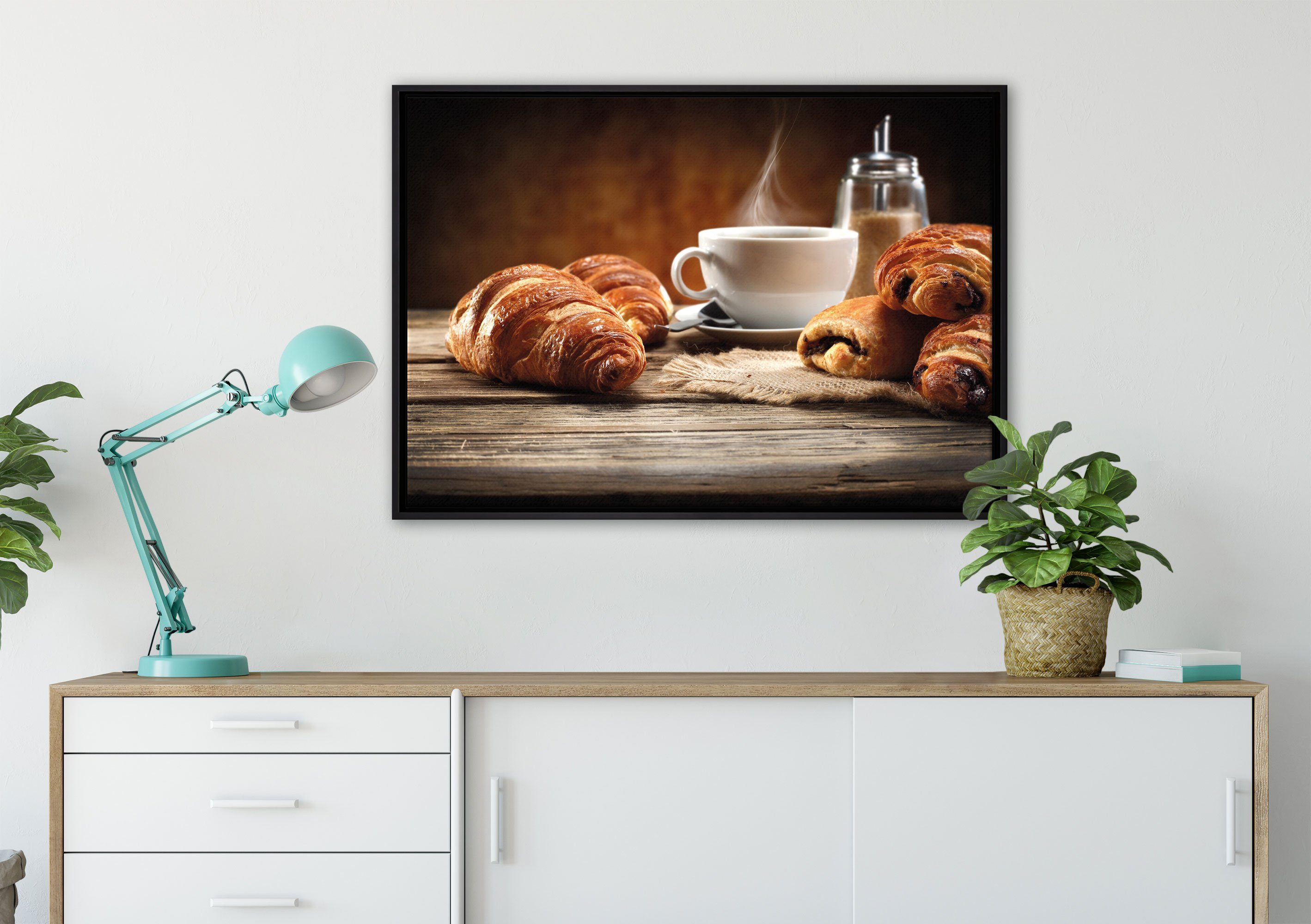 Schattenfugen-Bilderrahmen Croissant gefasst, einem (1 fertig St), Leinwandbild zum Leinwandbild bespannt, Zackenaufhänger Pixxprint Wanddekoration inkl. in Kaffee,