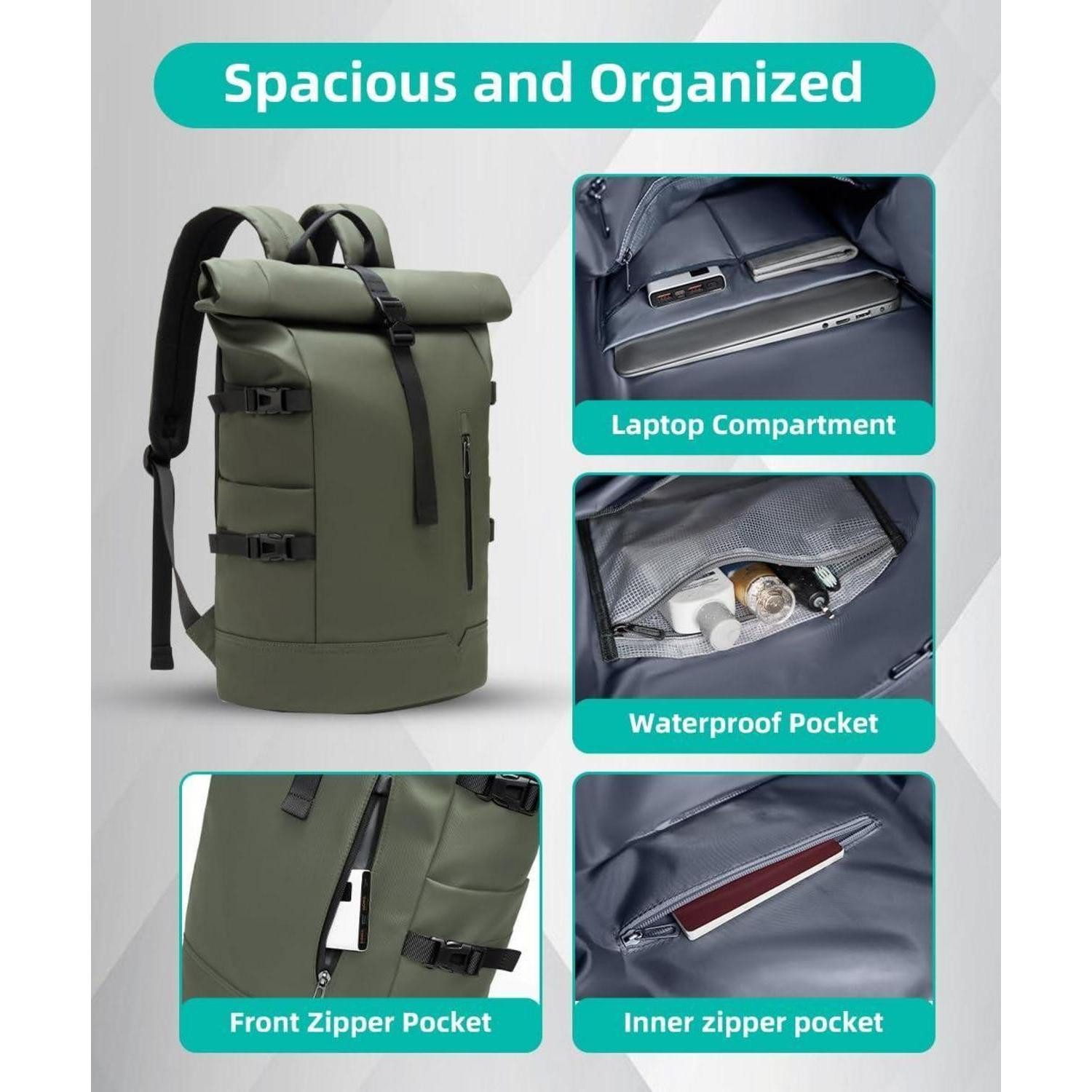 LuxusKollektion Laptoprucksack Rolltop Rucksack Groß 33L Grün – Bild 3 von 5
