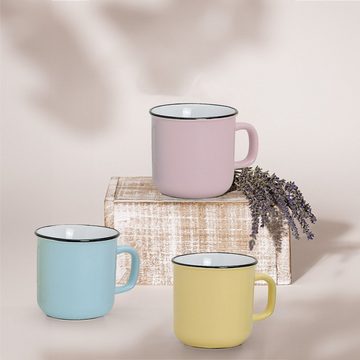 matches21 HOME & HOBBY Tasse Kaffeebecher 6er Set Emaille-Optik einfarbig Pastellfarben, Keramik, Tee Kaffee-Becher, modern Vintage, rosa gelb blau, 300 ml