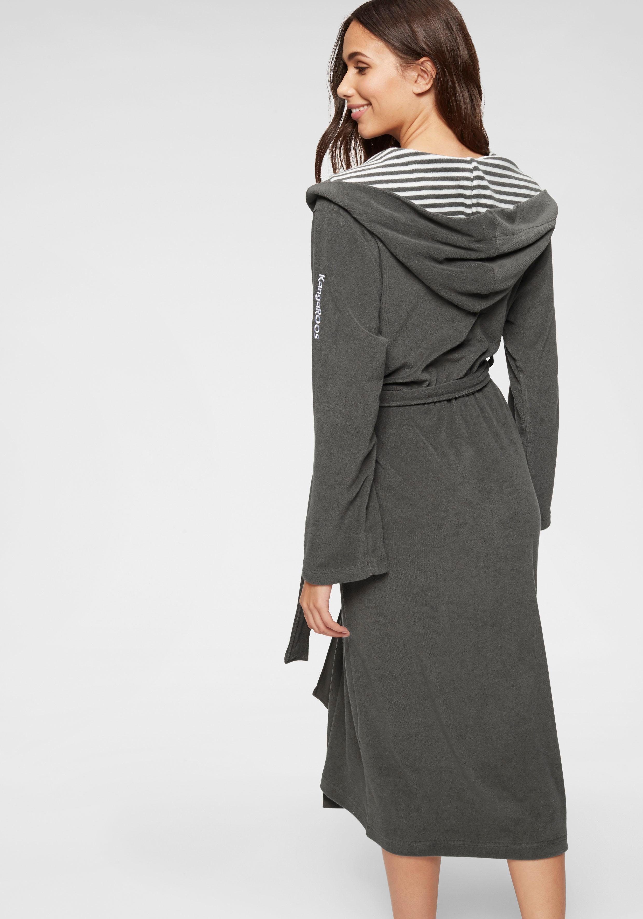 KangaROOS Damenbademantel Dalia, ideal für Sauna & Spa, Standardlänge & Überlänge, Langform, Leichtfrottier, Kapuze, Gürtel, Uni-Farben mit Streifen, Taschen, leicht, XS-3XL, auch in extra lang