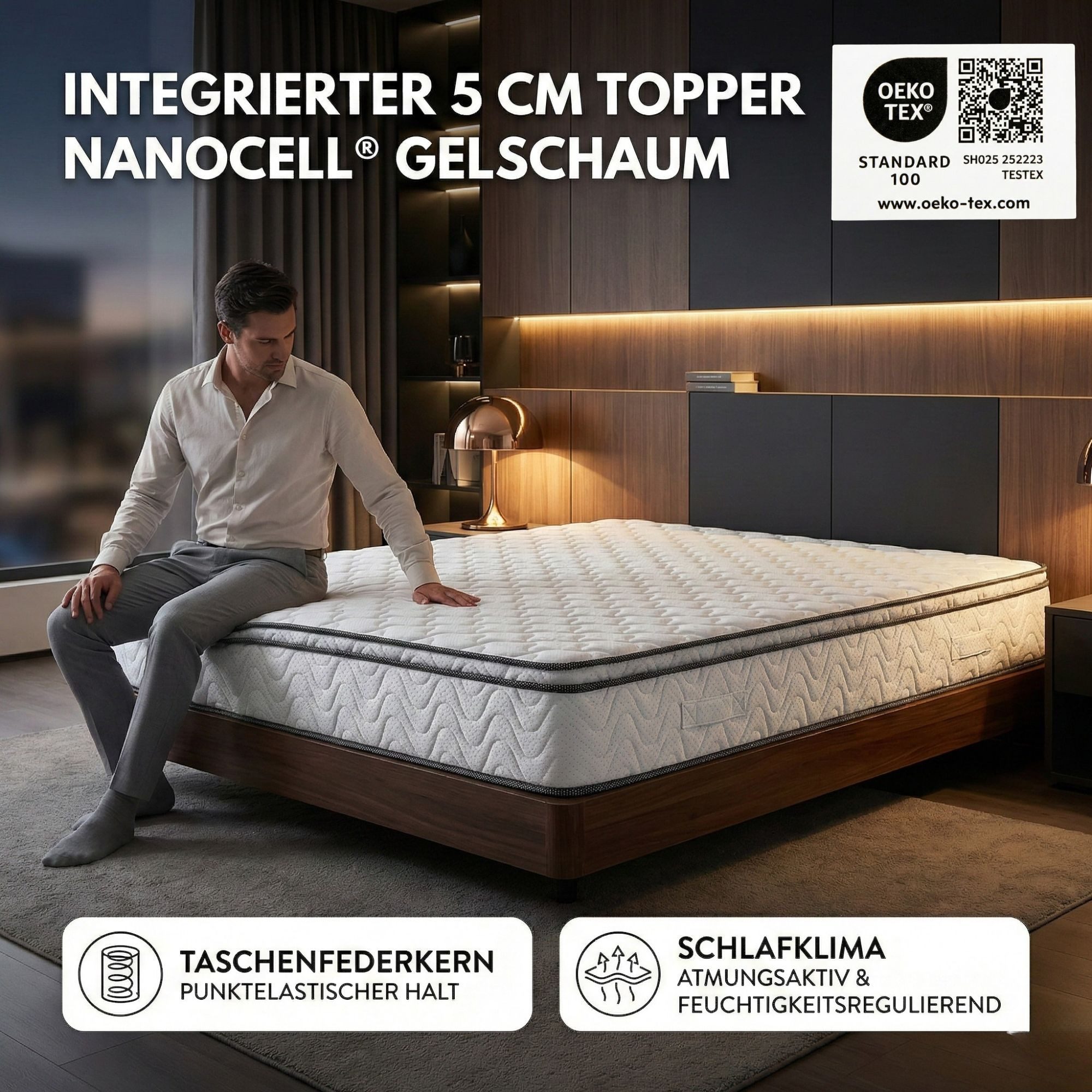 Taschenfederkernmatratze Matratze VIKTORIA, 25cm hoch, Taschen Federkernmatratze, H2 H3 H4, Arensberger, 25 cm hoch, (90 x 200cm), Taschenfederkernmatratze mit Kupferschaum, integr. Topper 90x200cm