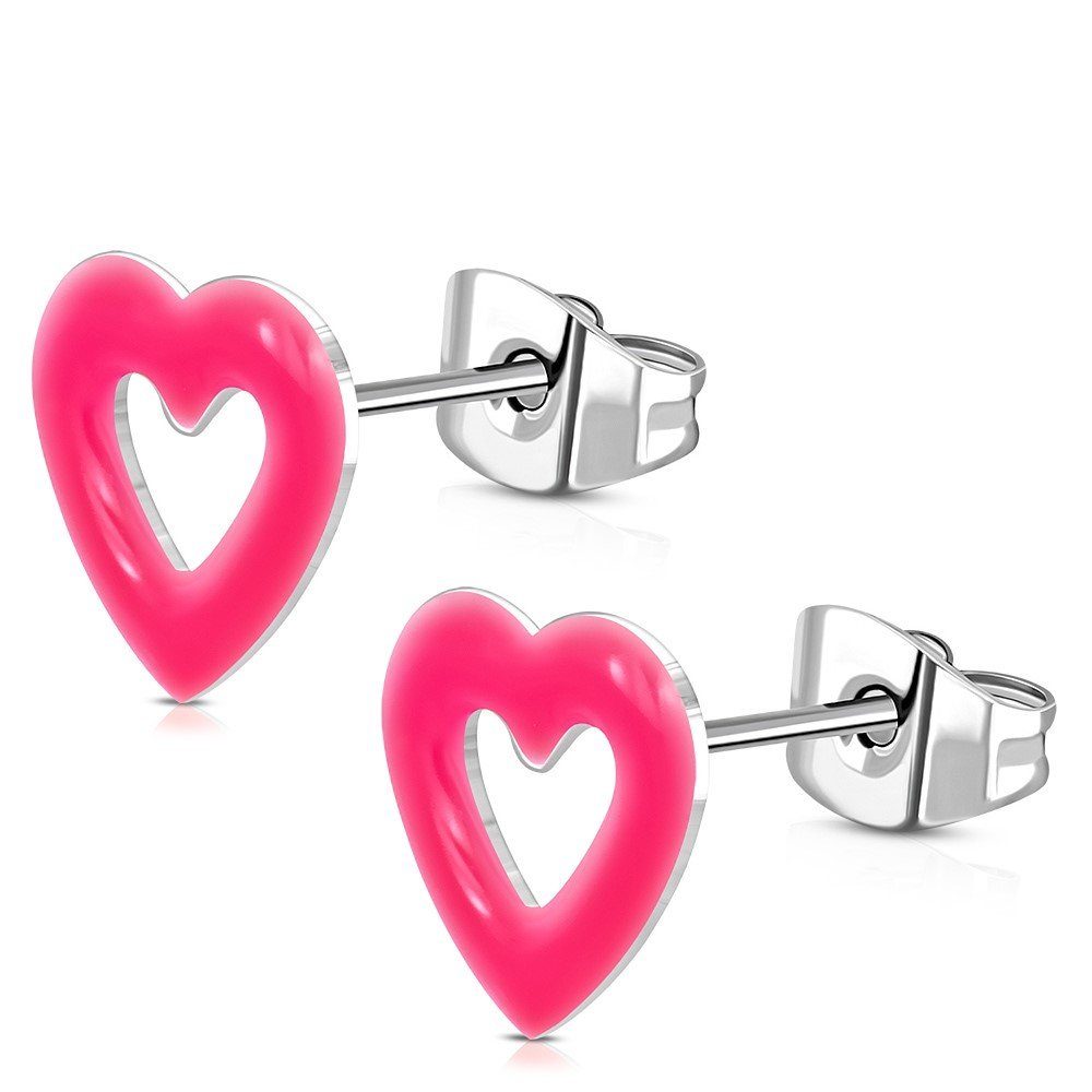 BUNGSA Paar Ohrstecker Ohrstecker offenes Neon-Herz Silber aus Edelstahl Kinder neonpink (1 Paar (2 Stück), 2-tlg), Ohrschmuck Ohrringe