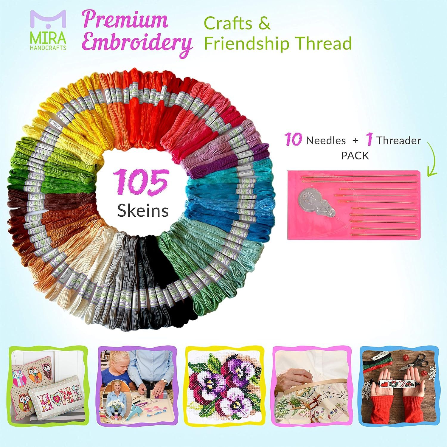 Mira Handcrafts 105 x Baumwollgarn in Regenbogen Farben für Stickerei + Stickgarn